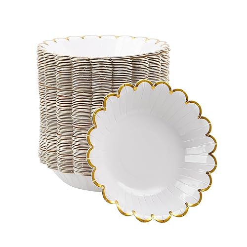 Geeklife Gold White Disposable Paper Bowls with Foil Scalloped Border,20oz Party Serving Bowls for Daily Meal Soup Morning Cereal For Wedding,Birthday