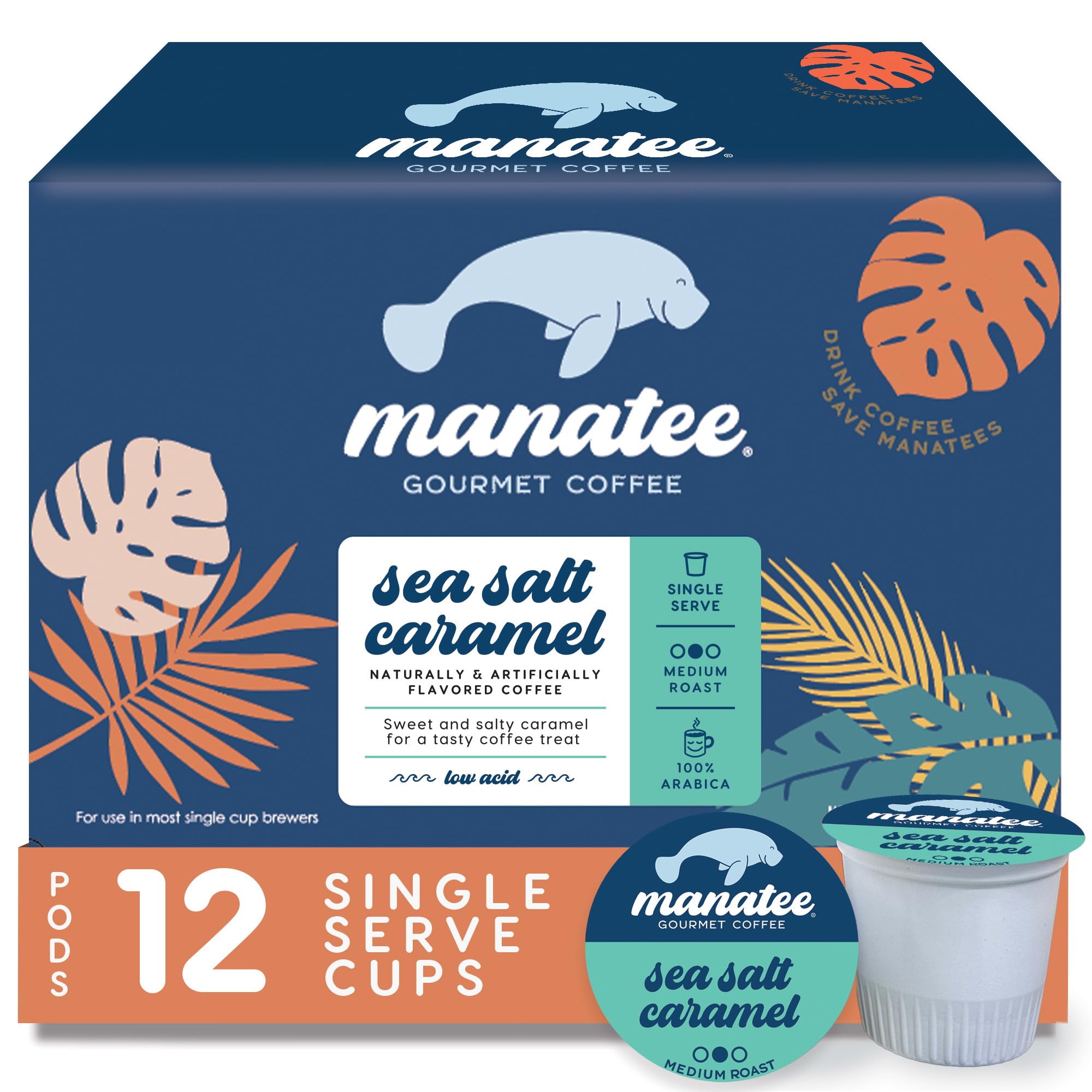 Manatee Gourmet Coffee Single Serve Pods for Keurig 2.0 K Cup Brewers, Medium Roast, Sea Salt Caramel, 12 Count