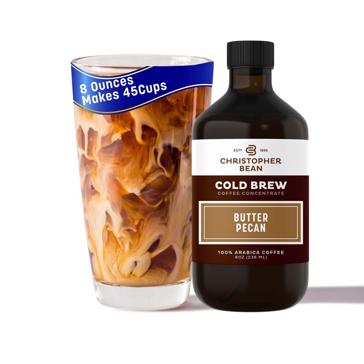 Christopher Bean Hand Crafted Butter Pecan Flavored Coffee - Certified Kosher - Unsweetened Cold Brew & Iced Instant Coffee Distillate Liquid Java