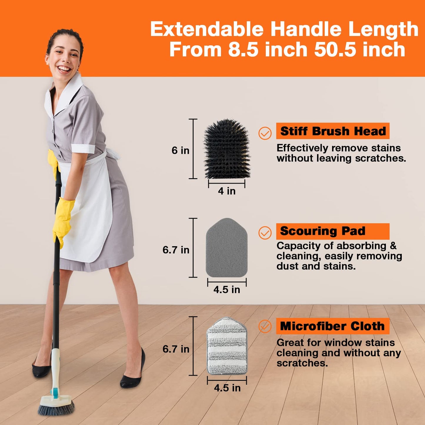3 in 1 Scrub Cleaning Brush with Long Handle 51'' - Shower Bathtub Tub & Tile Scrubber Brush Include 1 Stiff Brush Head & 3 Scouring Pads & 3