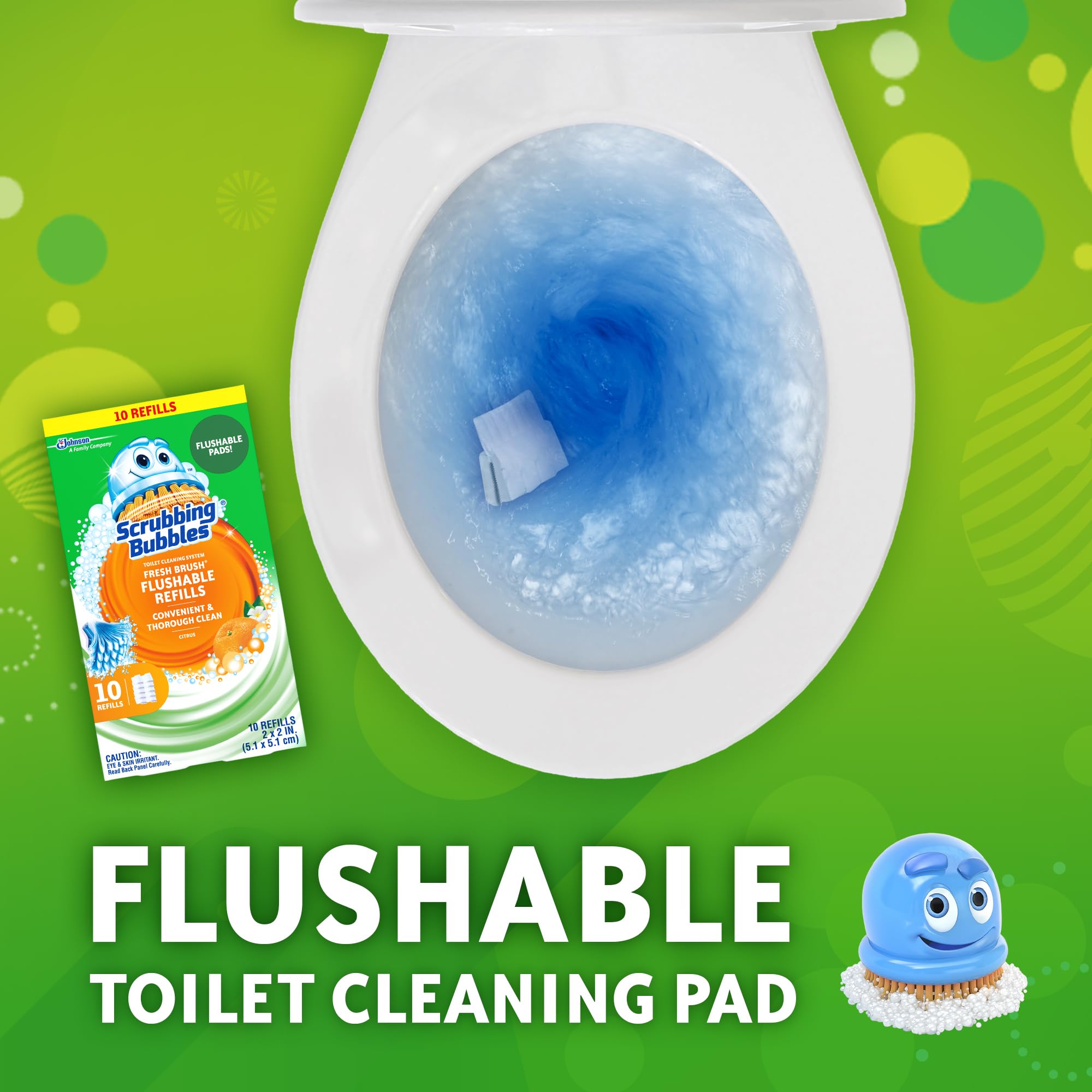 Scrubbing Bubbles Flushable Toilet Bowl Wand Cleaner Refills, Fresh Brush Cleaner Toilet Refill Pads, Removes Limescale & Odors, Citrus Scent, 10