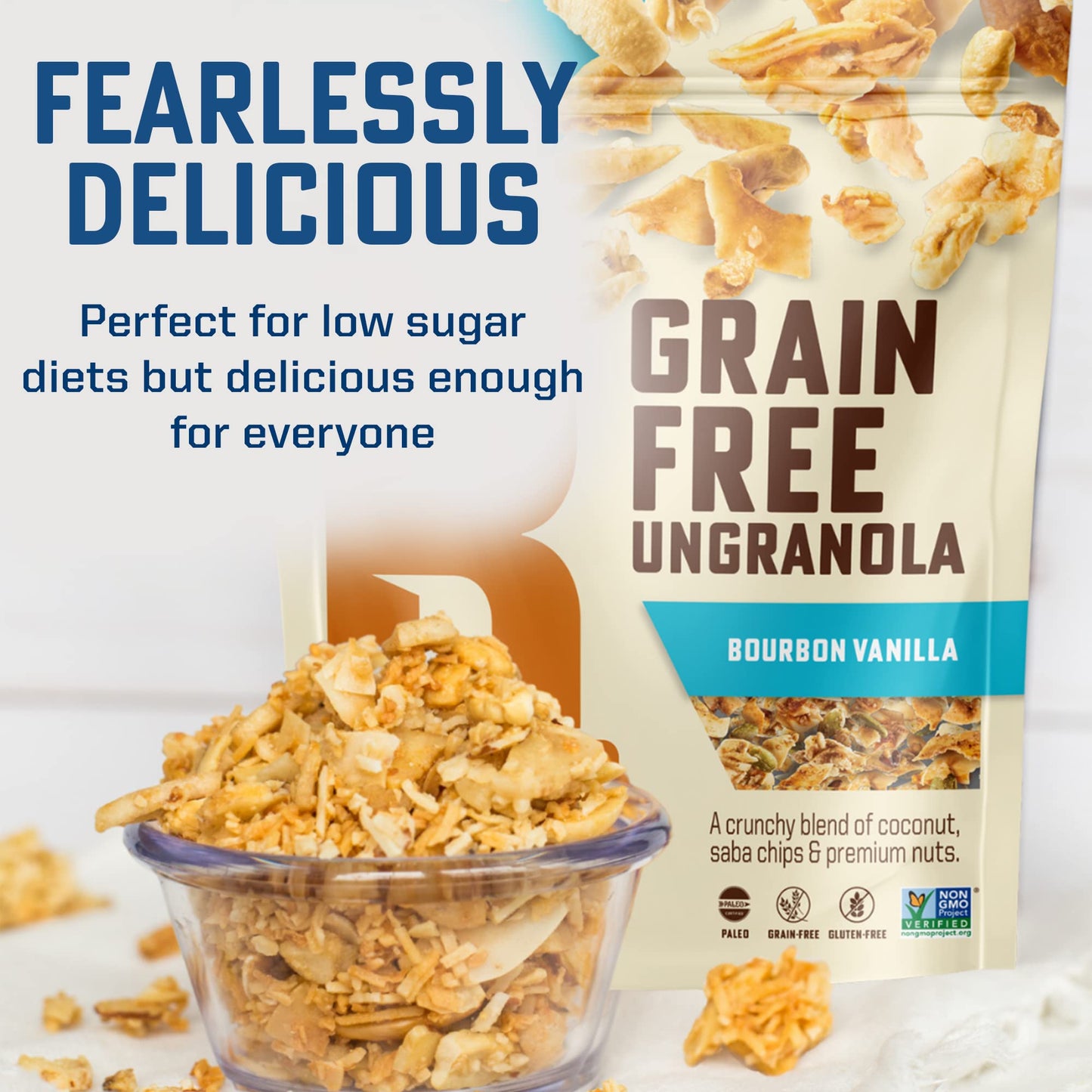 B. Fine Foods Grain-Free Crunchy Granola Snack of Coconut, Saba Chips & Premium Nuts - UnGranola Bourbon Vanilla - Zero-Refined Sugar, Gluten-Free