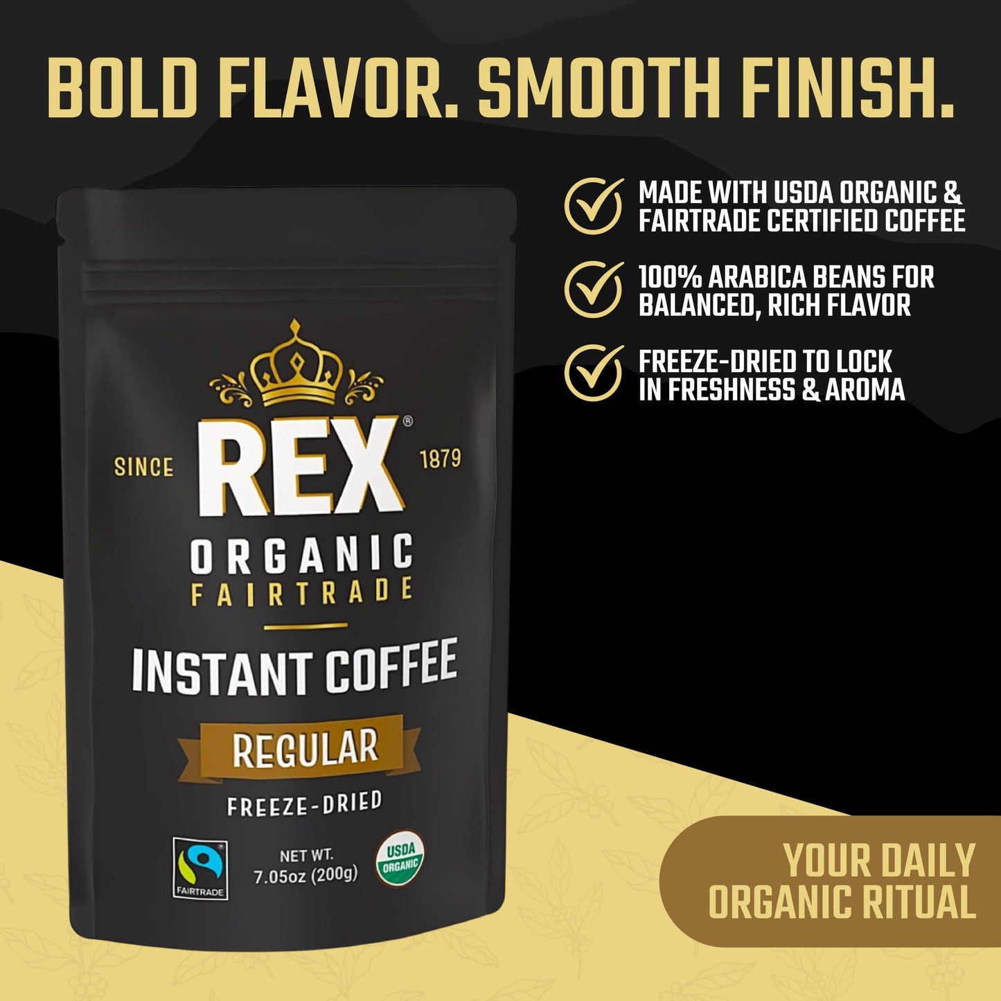 Rex Coffee Organic Fairtrade Freeze-Dried Instant Coffee - Medium Roast Arabica, 7.05 oz Resealable Pouch Bag - Lab Tested for Mold, Mycotoxins, Heavy