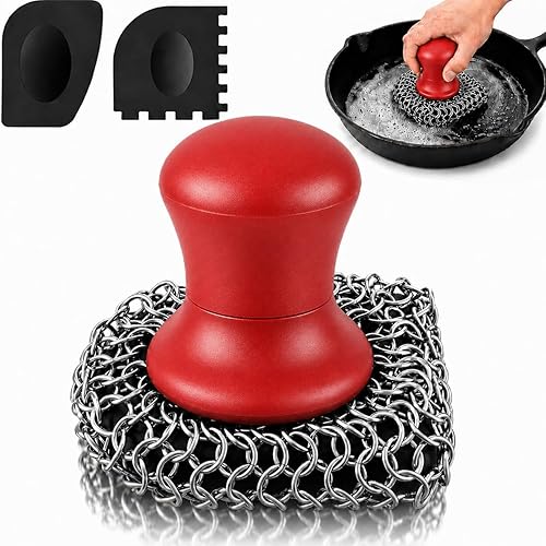 Cast Iron Scrubber and Scraper | 316 Chainmail Scrubber for Cast Iron Pan Skillet Cleaner | Chain Mail Scrubber for Dishes Pots Wok Griddle Grill |