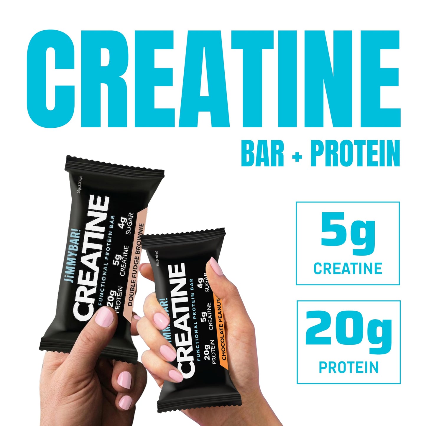 JiMMYBAR! Creatine Protein Bar Variety Pack, Chocolate Peanut Butter & Fudge Brownie, 20g Protein, 5g Creatine Per Bar, Ready-to-Eat Snack Food Bar