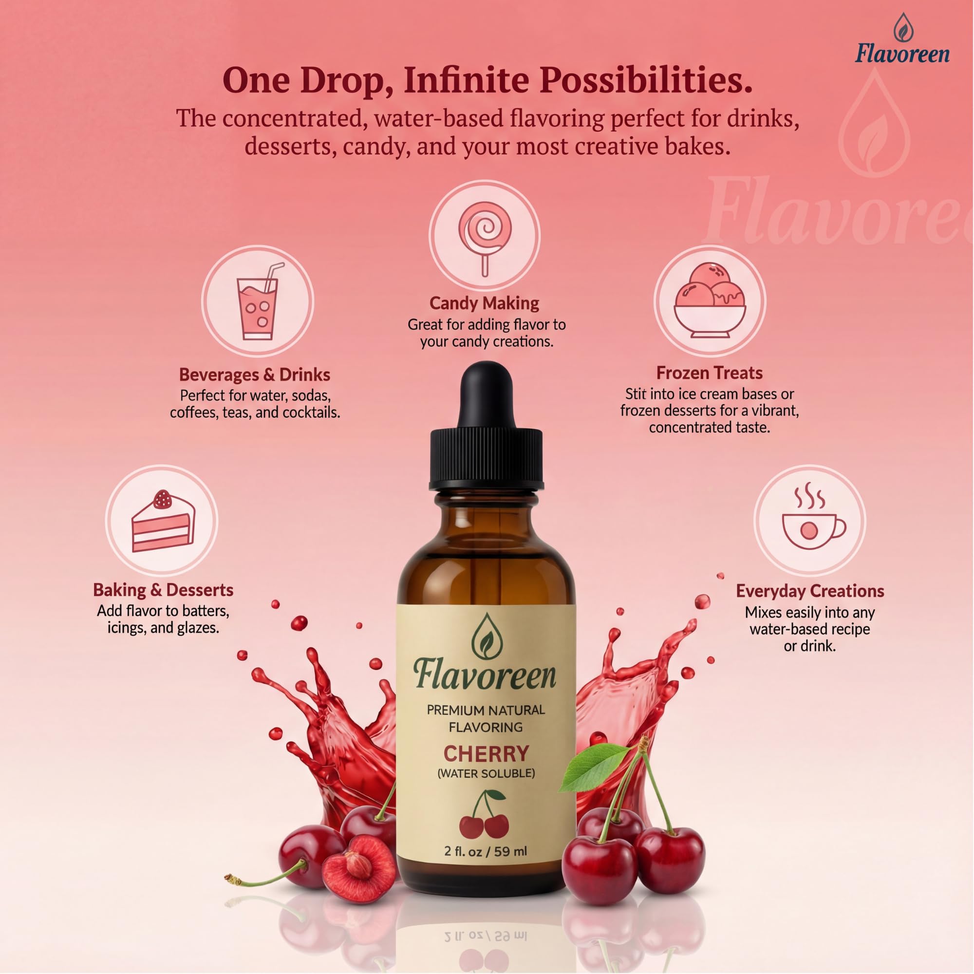 Flavoreen Cherry Extract - Highly Concentrated Liquid Flavoring - Water Soluble - for Drinks, Candy Making, Baking, Icing & Sodas - Premium Cherry