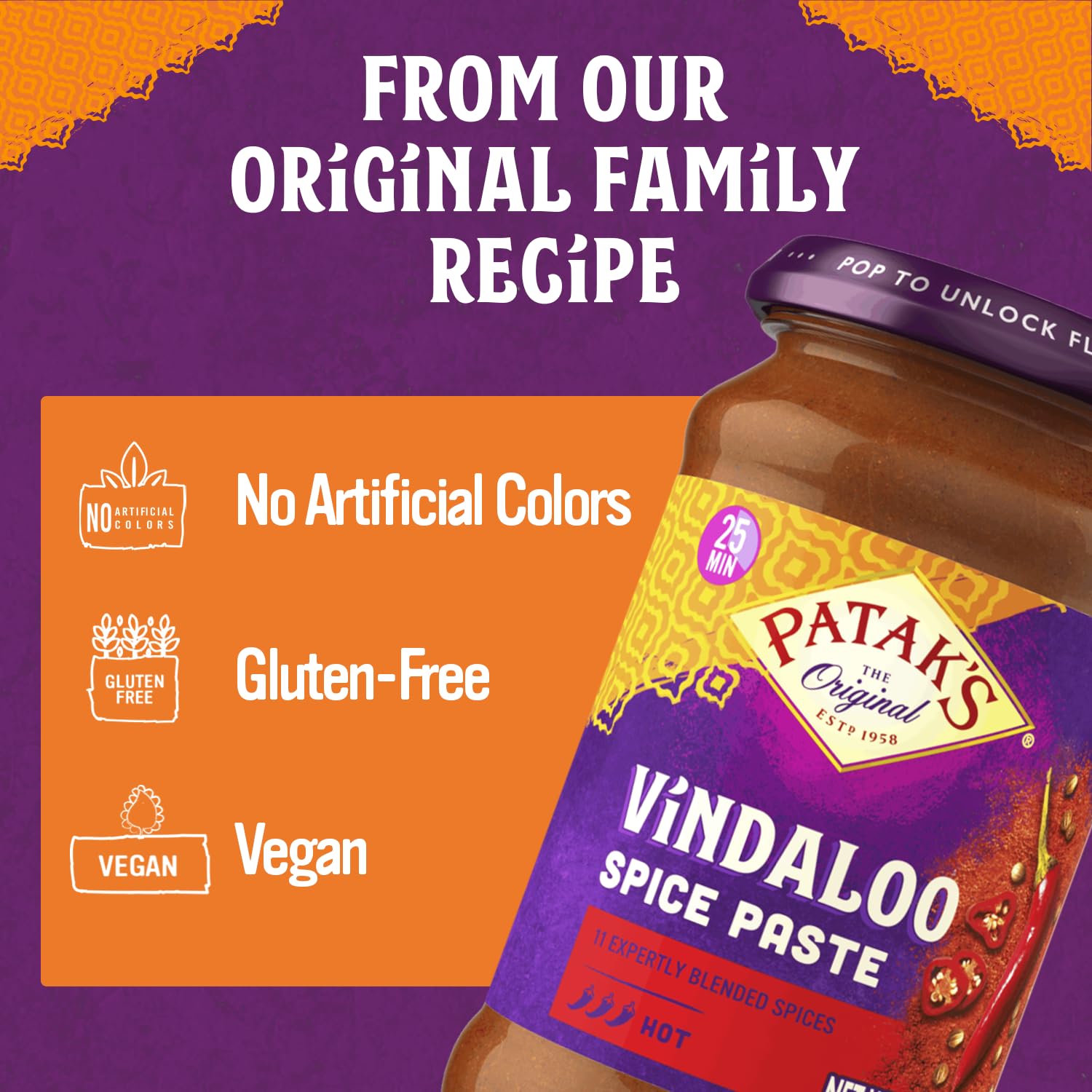 Patak's Vindaloo Spice Paste, Hot Indian Curry with 11 Expertly Blended Spices, Gluten-Free & Vegan, Flavorful Base for Chicken, Seafood, Vegetables