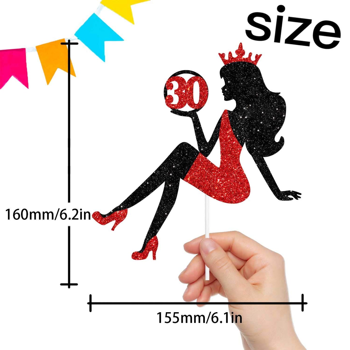 30 Red & Black Sitting Girl Silhouette Cake Topper Decorations with Glamour for Lady 30 Birthday Theme Queen Sexy Party Decor Supplies