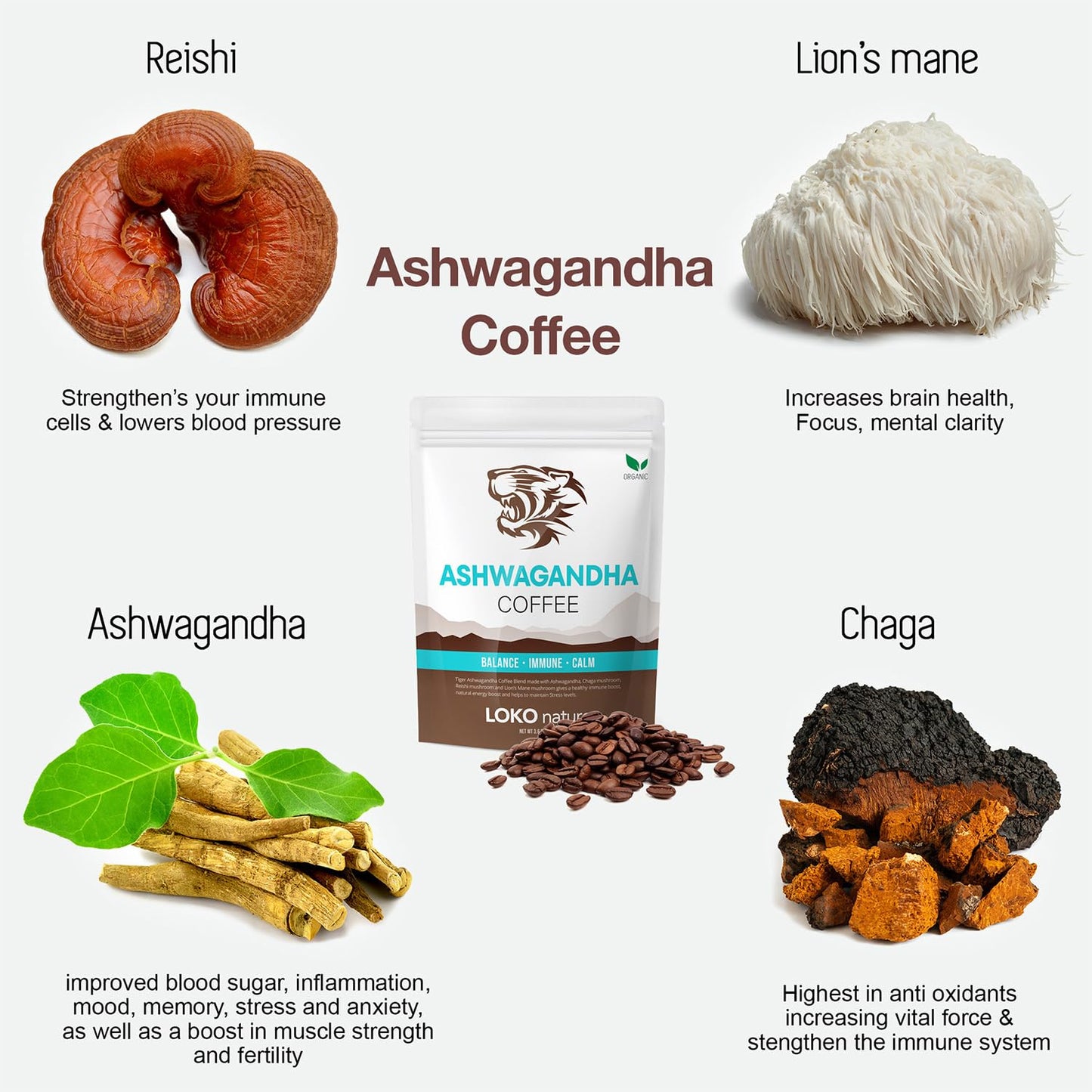 Tiger Ashwagandha Instant Mushroom Coffee - 30 Servings Arabica Blend with Reishi, Chaga & Lion's Mane | Adaptogen, Vegan, Antioxidant Support