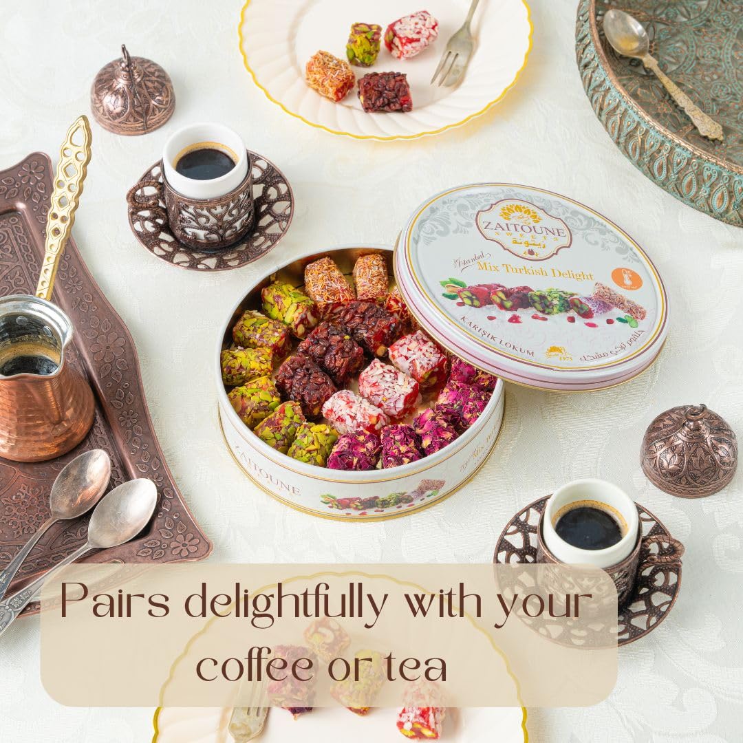 Zaitoune Turkish Delight Mix - 9 oz | Luxury Coatings of Pomegranate, Pistachio, Coconut, Kataifi & Rose | Authentic Lokum Sweet Assortment in a