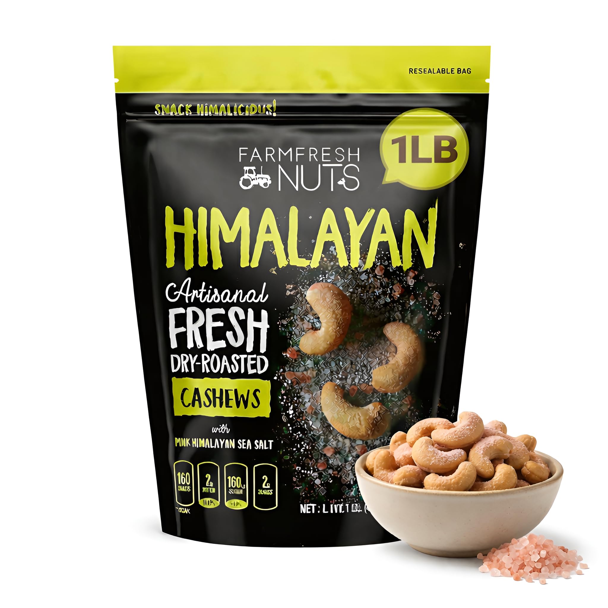 Dry Roasted Cashews Himalayan Salted (1 LB.) - Baked in Small Batches for Added Freshness - Oven Roasted to Perfection without Oil - Farm Fresh Nuts