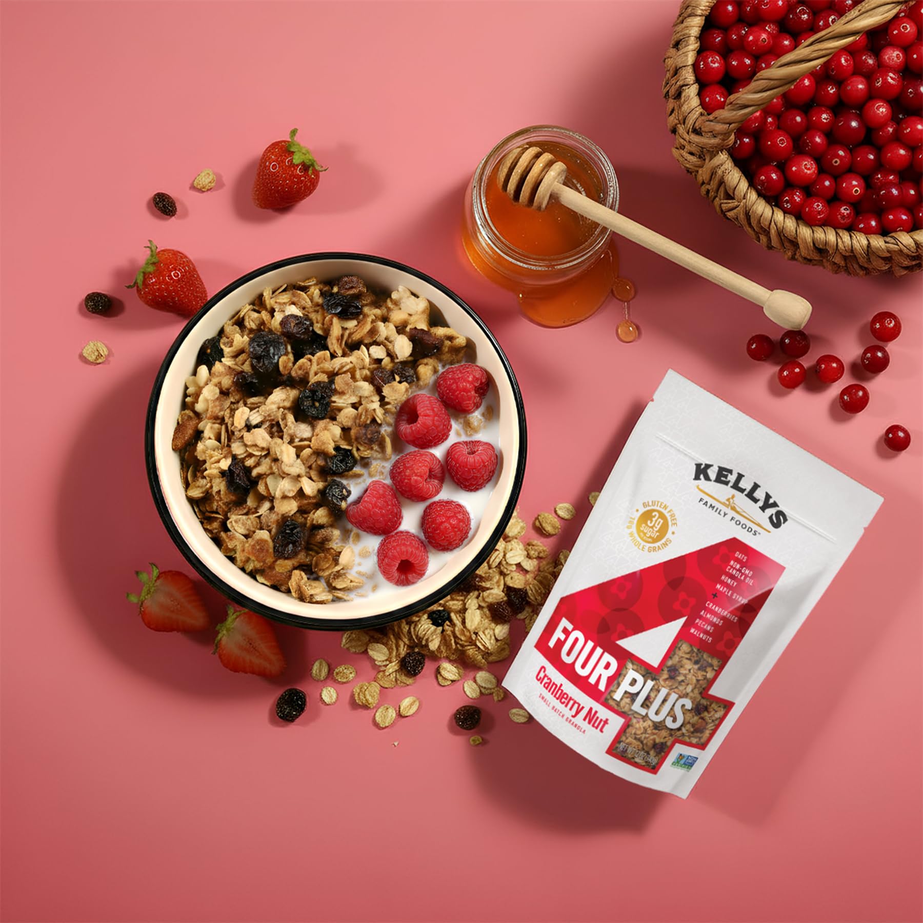 Kellys Four Plus Granola Cereal | Cranberry Nut Healthy Granola for Yogurt | Hand Made Snacks for Breakfast - 12 oz (Pack of 4)