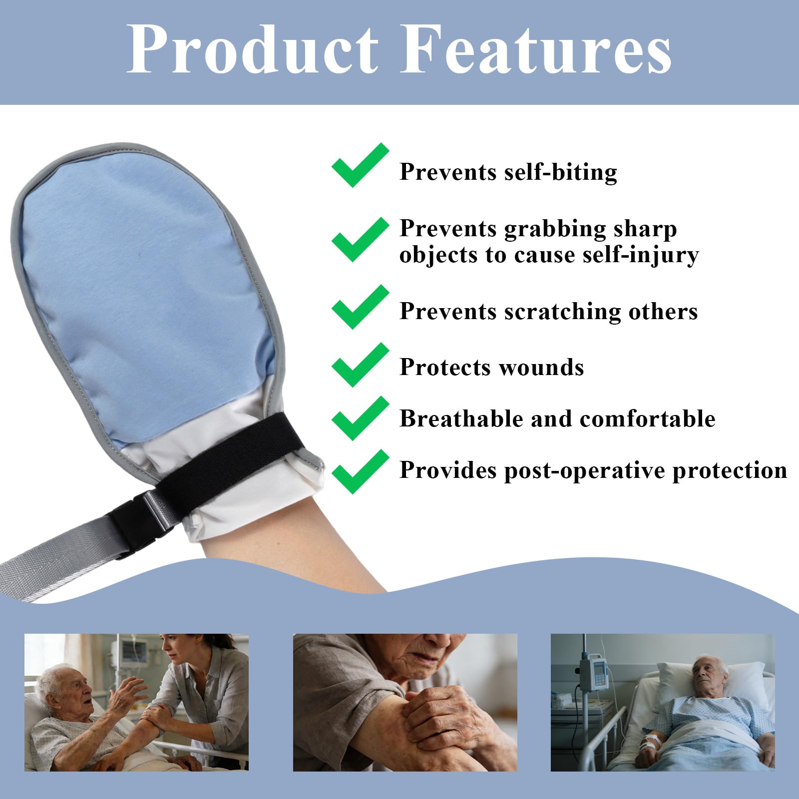 2-Pack Medical Restraint Gloves for Elderly & Dementia Patients, Anti-Scratch Medical Mittens with Removable Ties, Soft Skin-Friendly Hand Control