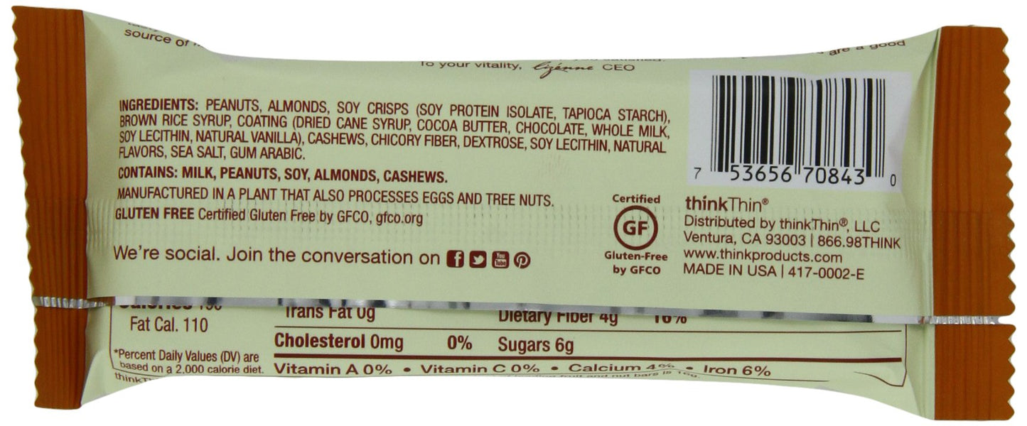 thinkThin Crunch Chocolate Dipped Mixed Nuts, Gluten Free, 1.41 Ounce Bars (Pack of 15)