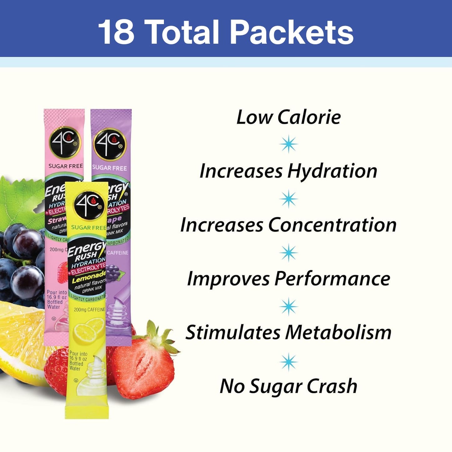 4C Energy Rush PSD with Electrolytes 18ct Variety Pack Stix (Lemonade/Strawberry/Grape - 6 of each stix)