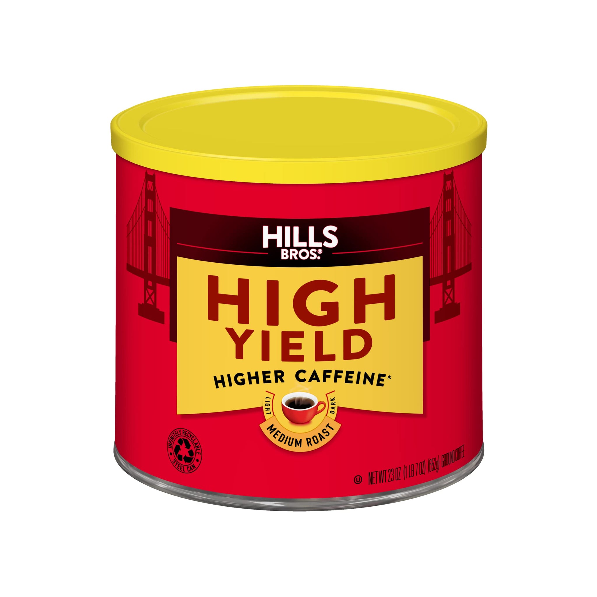 Hills Bros High Yield Ground Coffee, Medium Roast, 23 Oz. Can (Pack of 6) - Full-Bodied Rich Coffee Taste, Balanced for Optimum Caffeine
