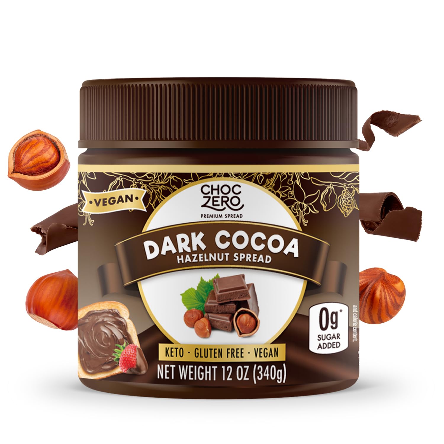 ChocZero Vegan Cocoa Hazelnut Spread - Sugar Free, Keto Friendly, Low Carb Chocolate Dessert & Bread Topping, Gluten Free, High Fiber, 12 oz Jar