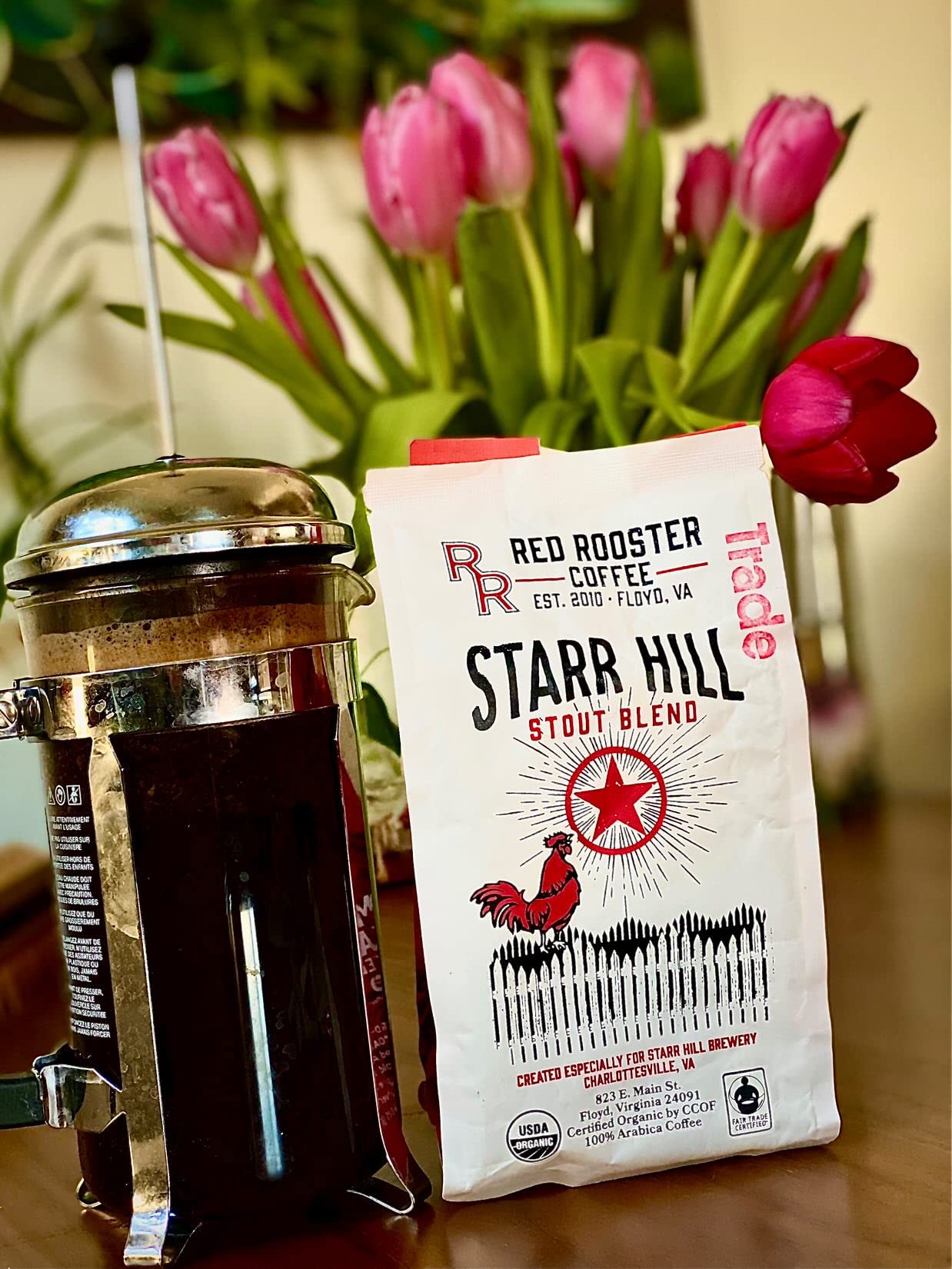 Red Rooster Coffee, Organic Starr Hill Stout Coffee - Medium-Dark Roast Whole Bean - Notes of Dark Chocolate, Praline & Citrus - 12oz - USDA Organic