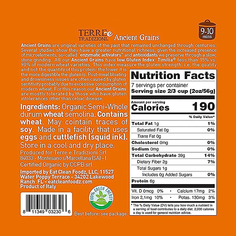 6 PACKS ORGANIC ITALIAN SEMI WHOLE DURUM WHEAT CALAMARATA PASTA - Sicilian Ancient Grain Timilia Vegan Pasta Crafted in Italy. LOW-GLUTEN INDEX. Has