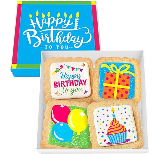 Happy Birthday Cookies 4 PACK Gift Basket for Kids Men Women | Decorated Sugar Cookie Gift Box | Individually Wrapped Party Favors Nut Free (Birthday