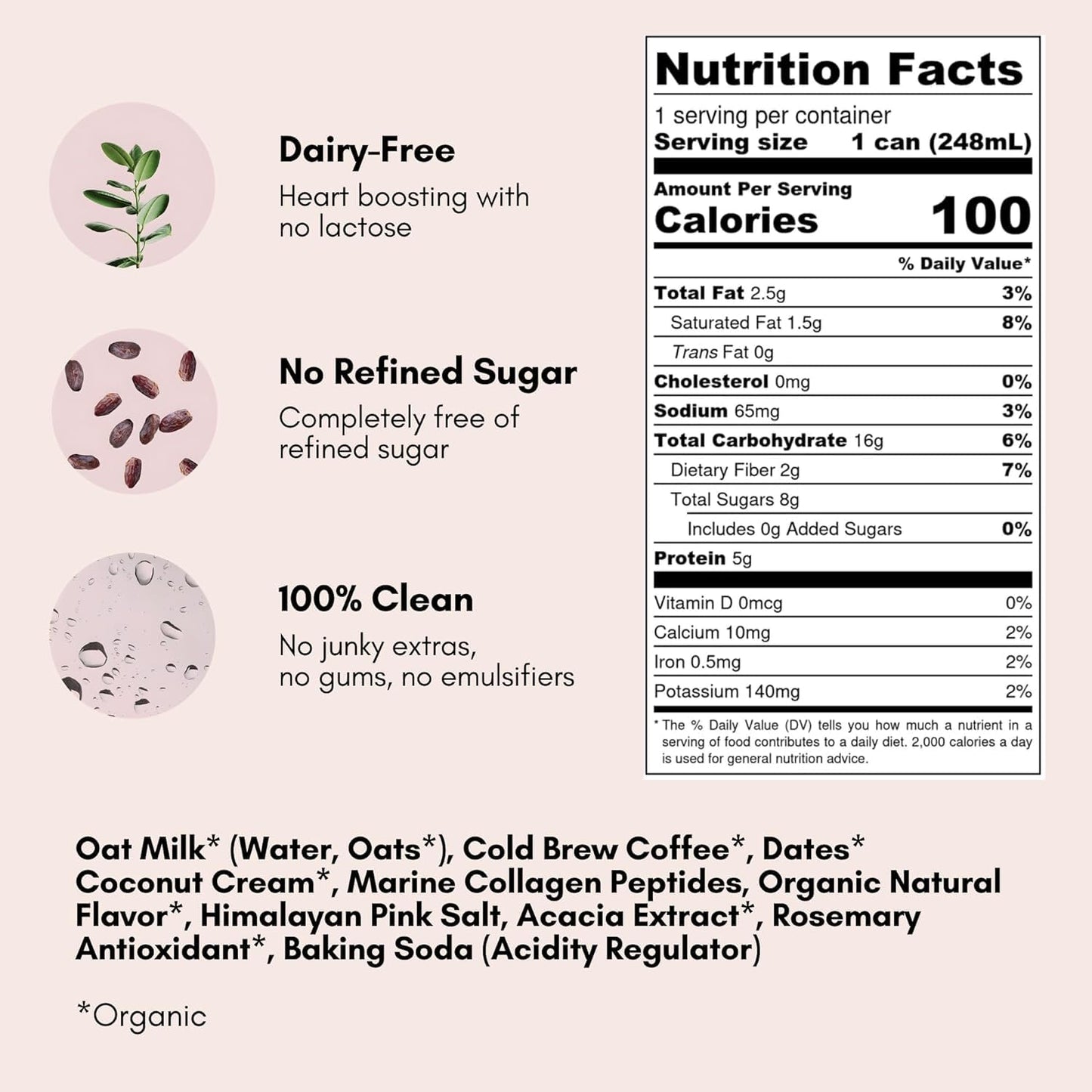 Pop & Bottle Vanilla Oat Milk Lattes - Cold Brew, Sustainably Sourced Marine Collagen, MCT Oil, Organic, Dairy Free, Gluten Free, Lightly Sweetened