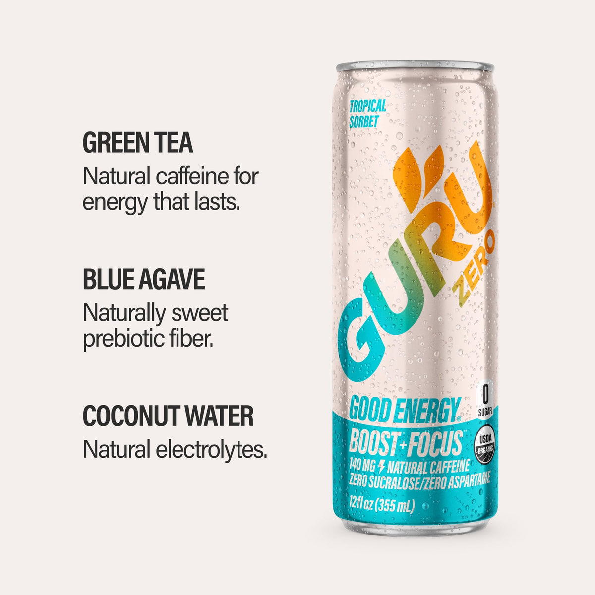 GURU Zero Sugar Energy Drink, Tropical Sorbet, 12 Fl Oz, 12 Pack