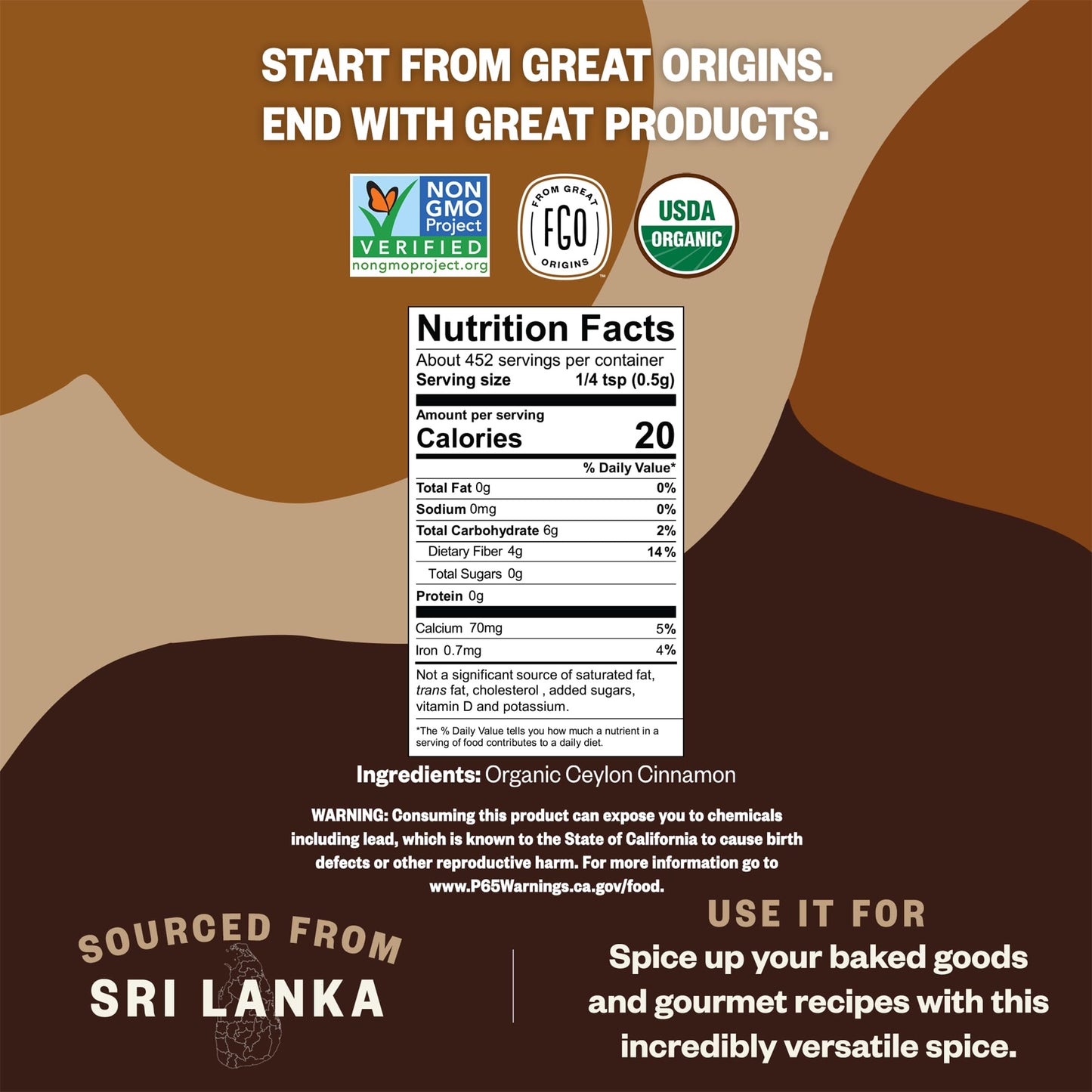 FGO Organic Ceylon Cinnamon Powder, 8oz Pure Sri Lanka Cinnamon for Spice & Seasoning, Great for Baking, Cooking, & Drinks, Additive Free, Non-GMO