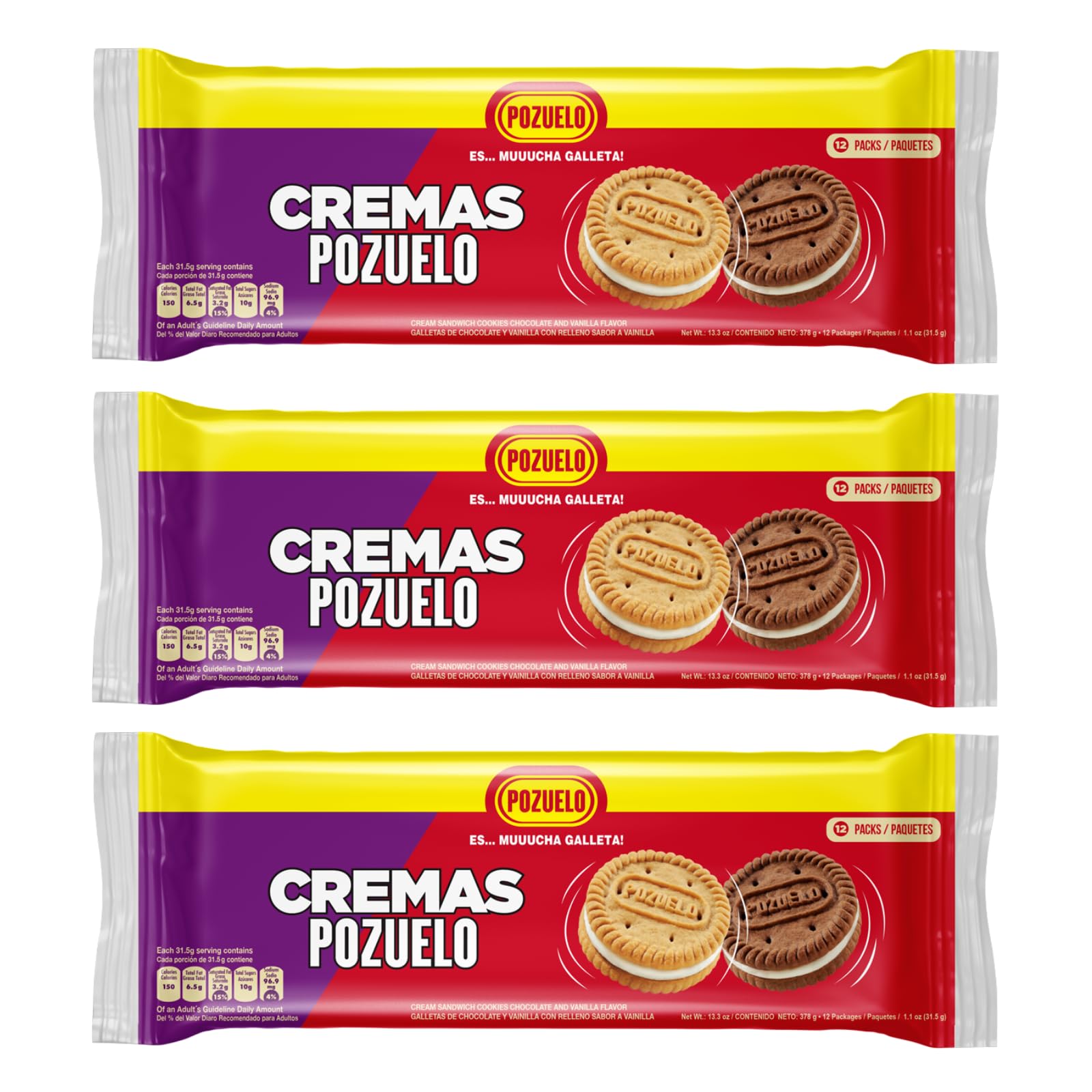 Cremas Pozuelo Mixed Chocolate and Vanilla Sandwich Cookies, 13.3 oz (Pack of 3)