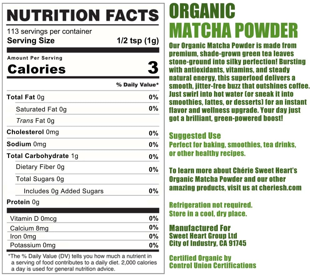 Cherie Sweet Heart Organic Matcha Green Tea Powder - Premium Culinary Grade, Authentic Japanese Origin, Antioxidant-Rich, Gluten-Free, Vegan - Perfect
