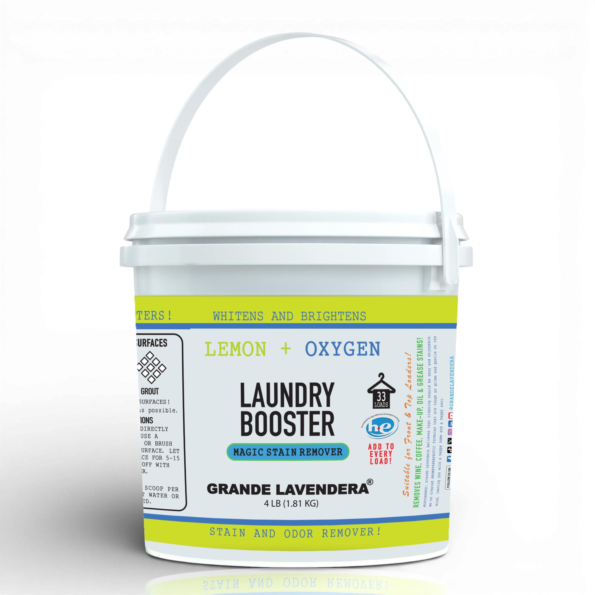 Grande Lavendera® Lemon Scented Oxygen Laundry Booster, Chlorine-Free Stain Remover Powder, Sanitizer for Bright Whites and Fresh Clothes - 4 lb