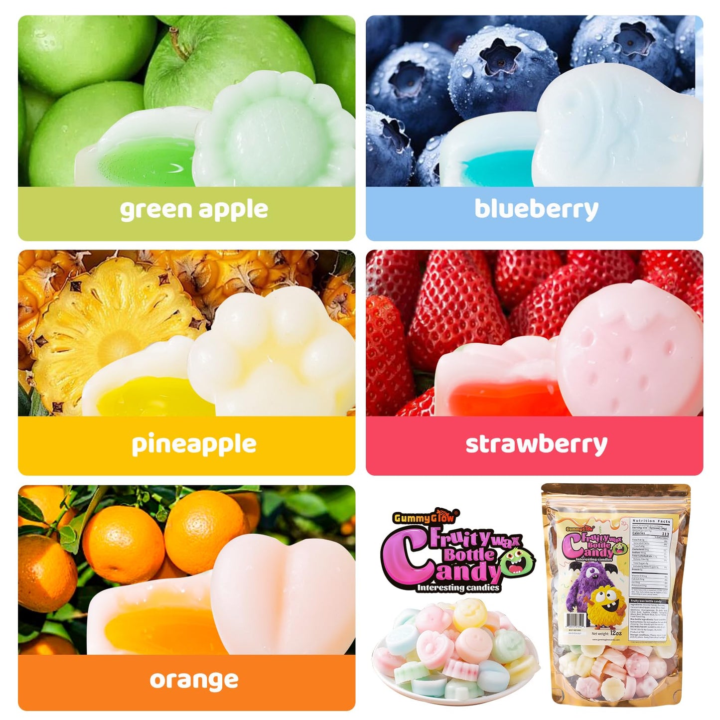 GummyGlow 12oz Upgraded Wax Candy Bulk Pack, Retro Chewy Sweets with 5 Assorted Flavors (55-65 Pieces), Nostalgic Treats for Old School Lovers