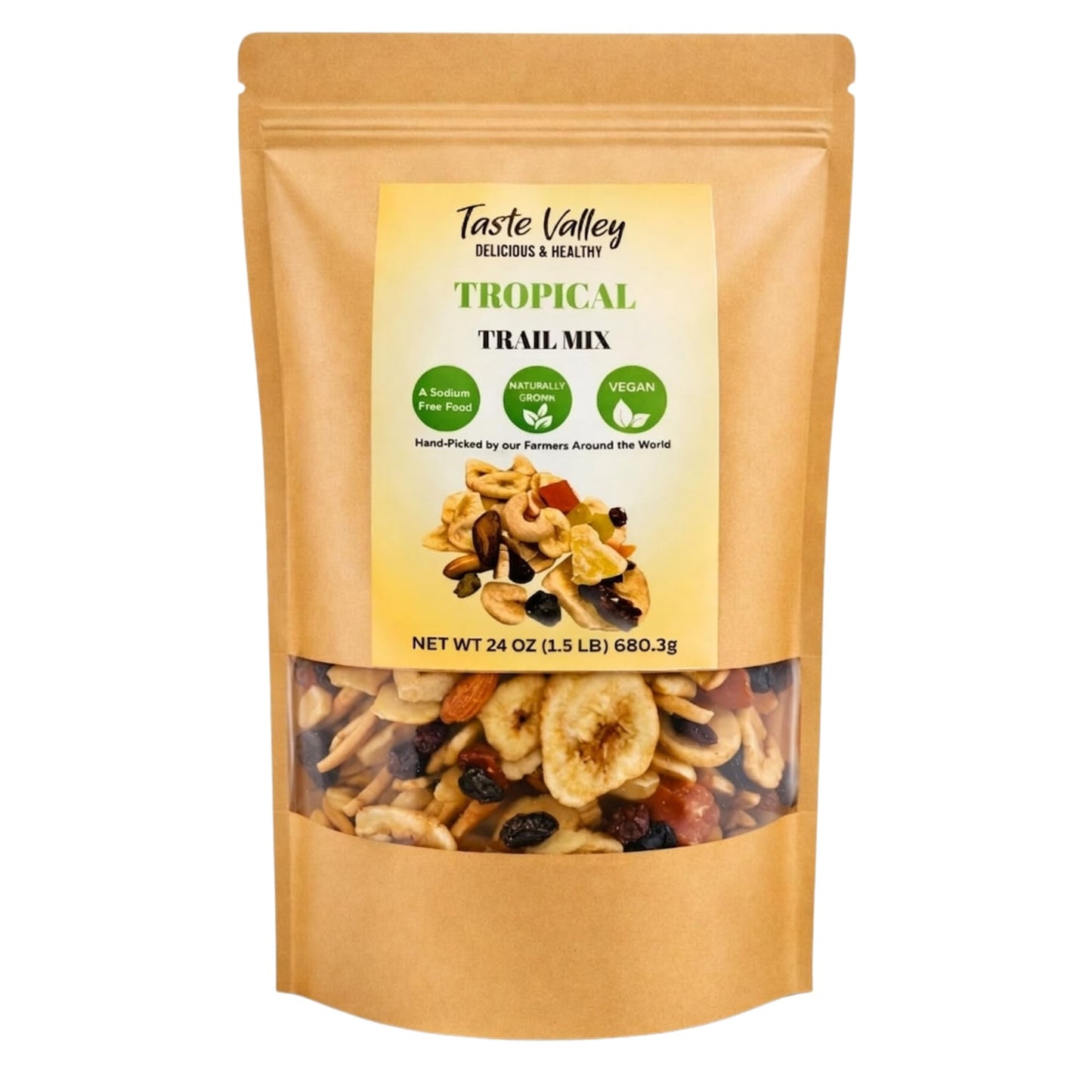 Taste Valley Tropical Trail Mix - Banana Chips, Papaya, Pineapple, Cranberries, Almonds & Cashews - Healthy Fruit & Nut Snack Mix, 24 oz Resealable