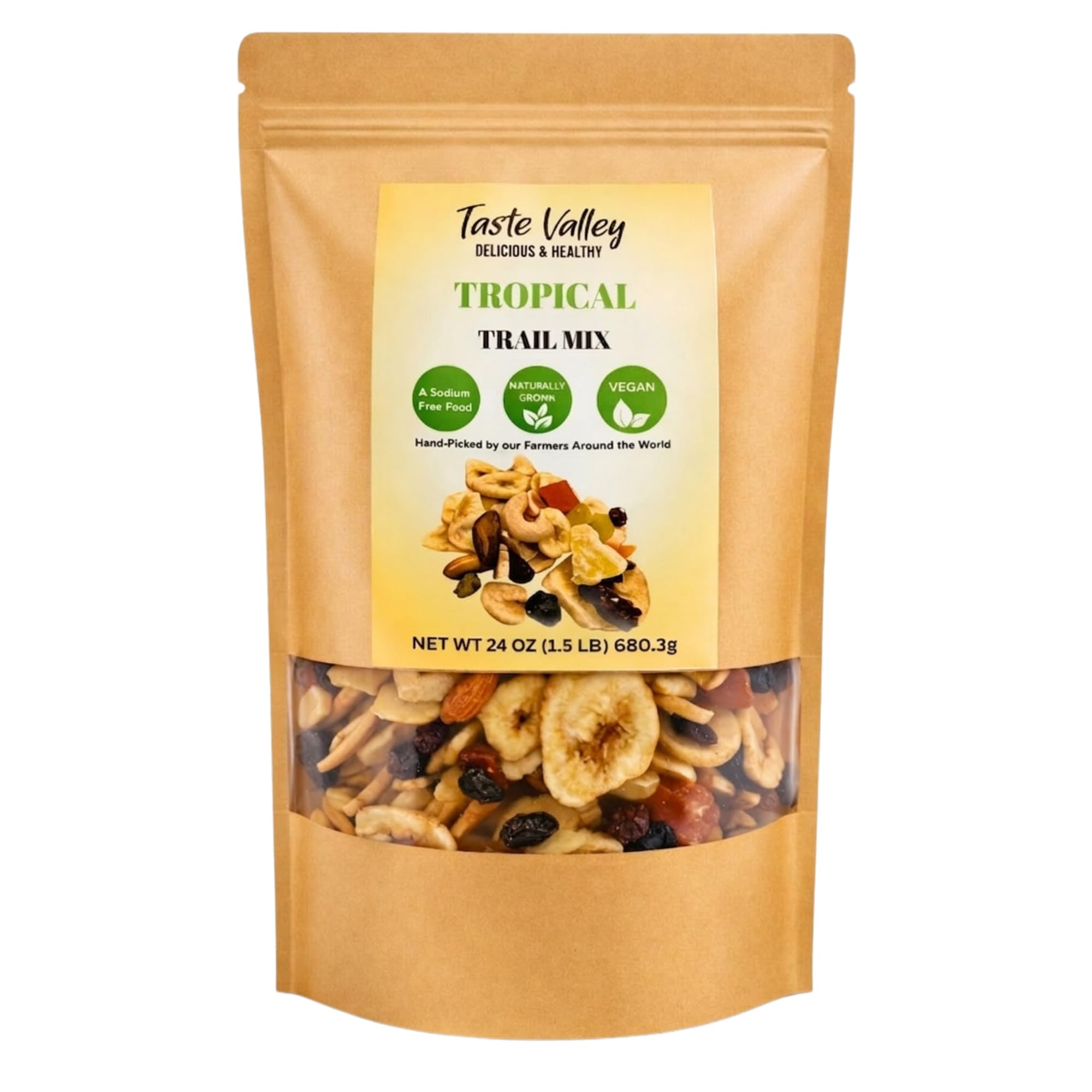 Taste Valley Tropical Trail Mix - Banana Chips, Papaya, Pineapple, Cranberries, Almonds & Cashews - Healthy Fruit & Nut Snack Mix, 24 oz Resealable