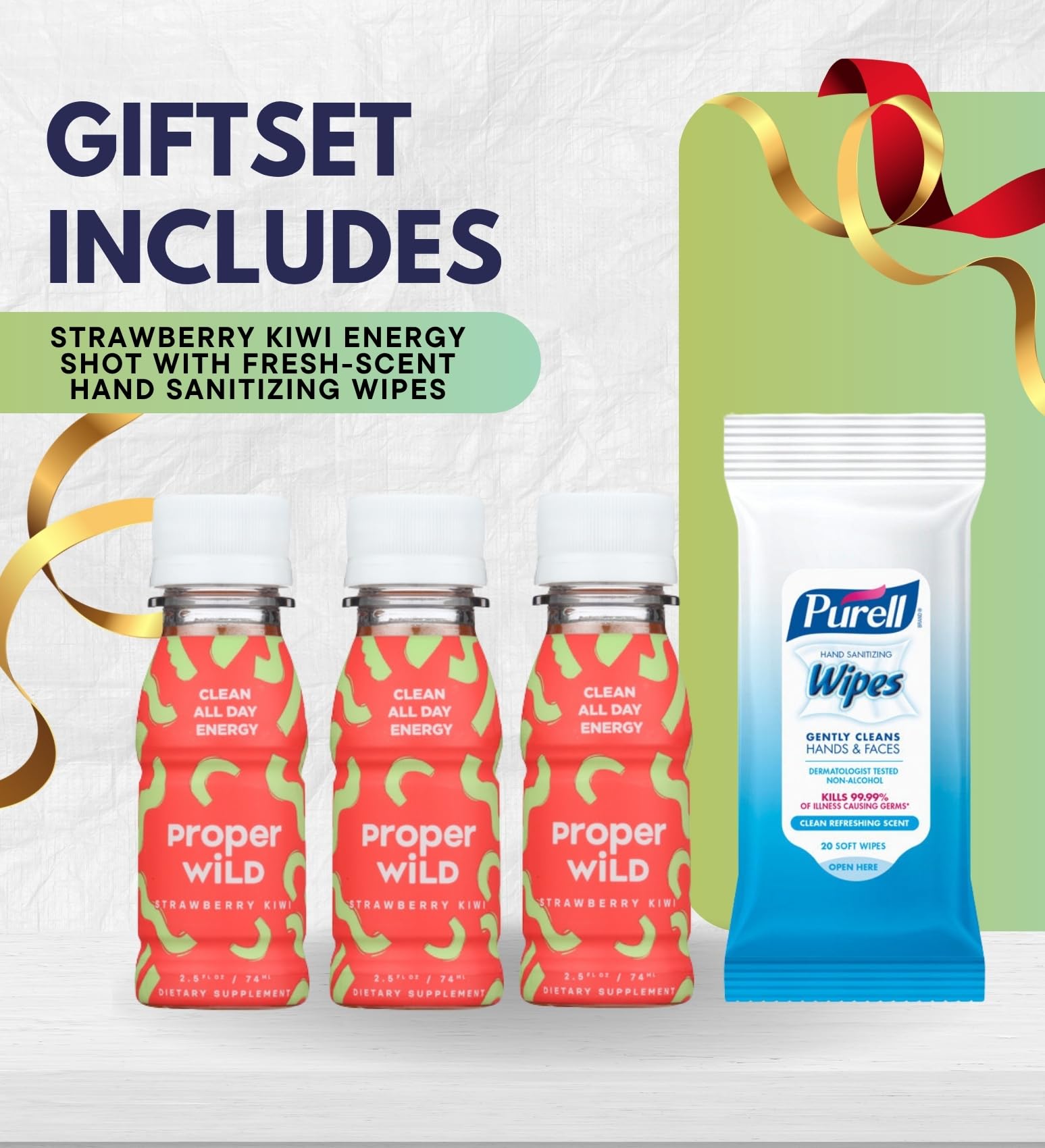 3x Proper Wild Shot Energy Strawberry Kiwi 2.5 FO Bundle with Hand Sanitizing Wipes - Clean Energy Shots with GreenTea Caffeine & L-Theanine for Focus