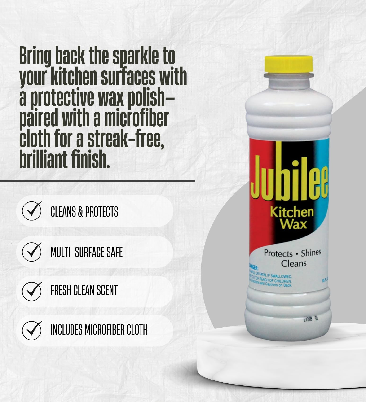 2x Jubilee Clean Scent Kitchen Wax Liquid 15 oz Bundle with Microfiber Cleaning Cloth - Protects, Cleans, and Shines Surfaces Like Wood, Tile, Enamel