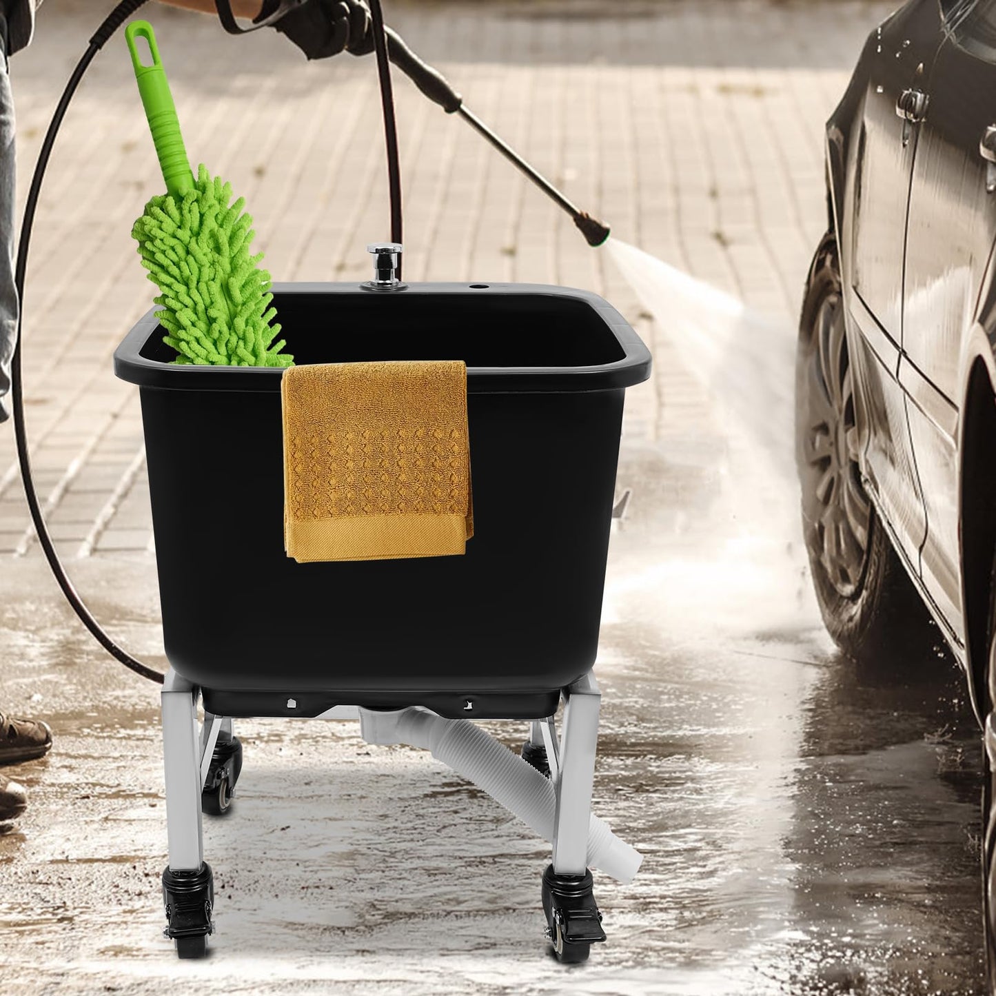 Commercial Mop Sink with Wheels, Freestanding Mops Basket Plastic Mop Bains with Drain Botton, Portable Mop Buckets for Home Bathroom Kitchen