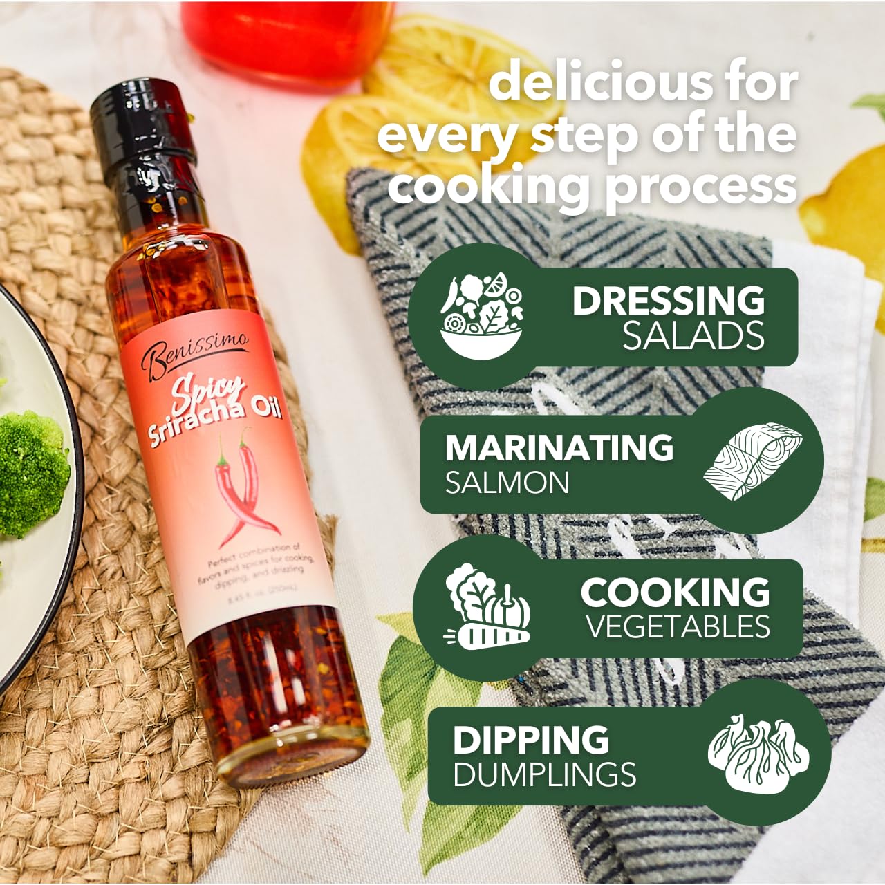 Benissimo Spicy Sriracha Infused Oil - Chili & Garlic Herb Oil, Vegan All Natural Cooking Oil for Stir Fry, Sautéing & Drizzling, Medium Heat, 8.45 fl