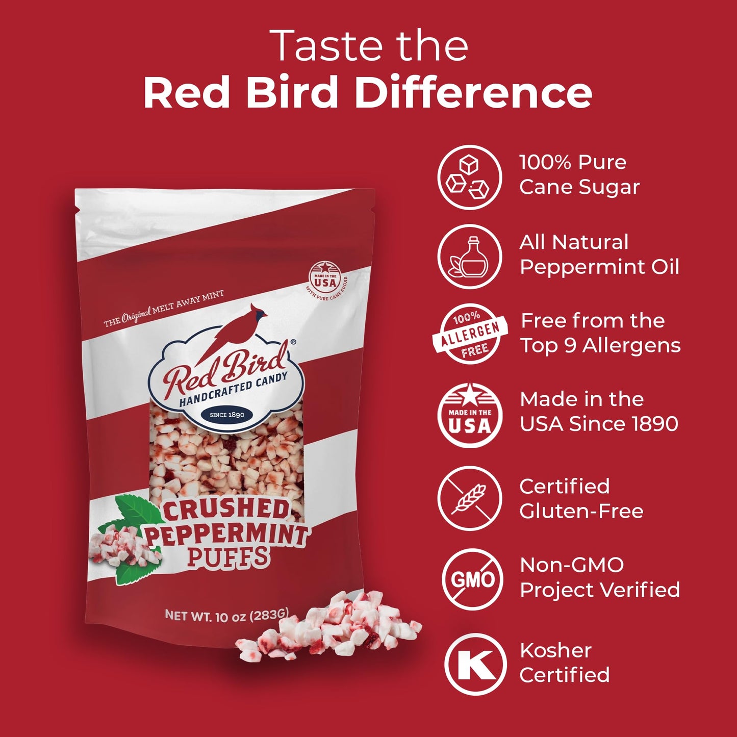 Red Bird Crushed Peppermint Puffs, No High-Fructose Corn Syrup, Soft Crushed Peppermint Candy Topping for Baking, Ice Cream & Drinks, 10 oz Bag