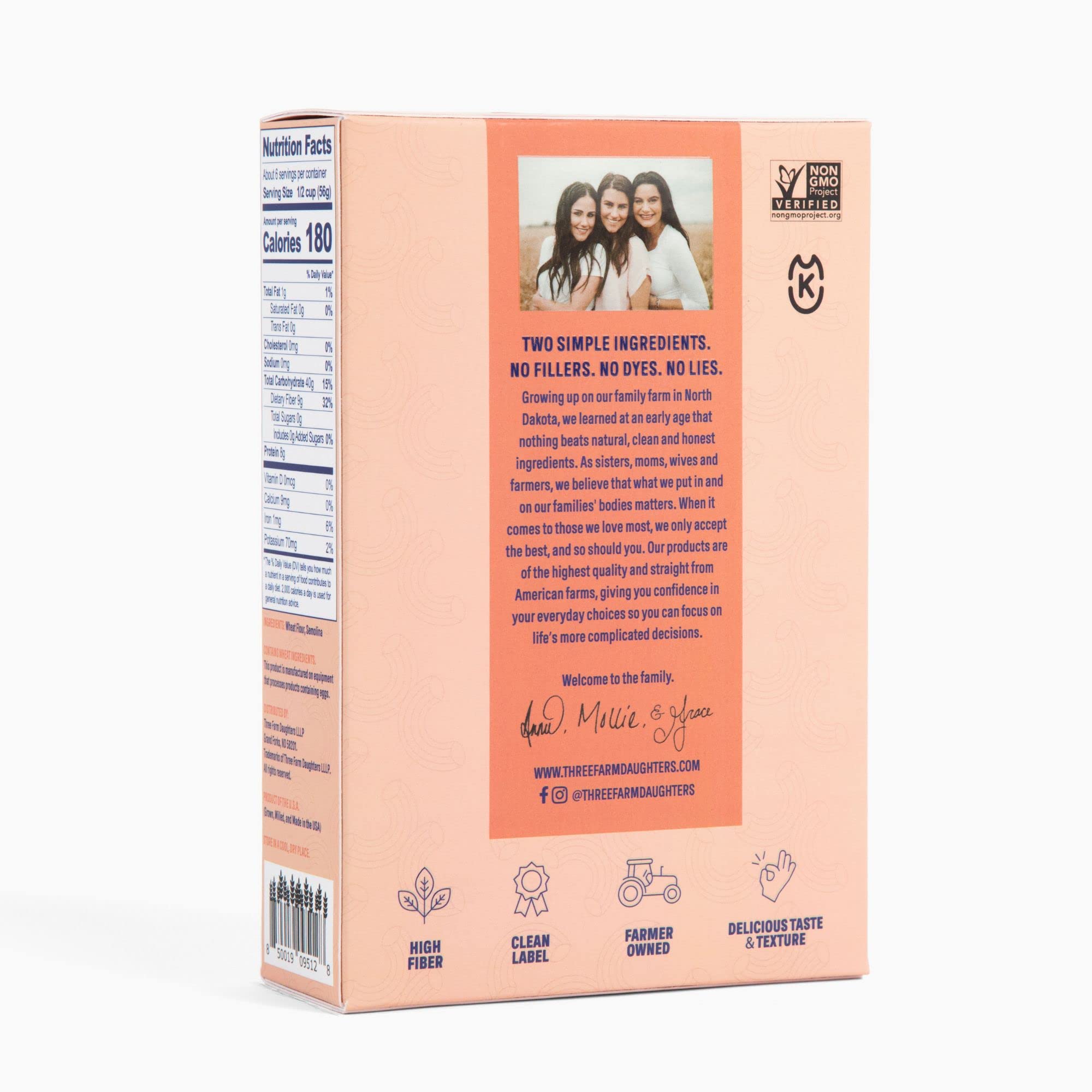 Three Farm Daughters High Fiber Elbow Macaroni Pasta Pack, Low GI, Non GMO Elbow Pasta Noodles, Low Net Carb, Made in the USA, 12 oz. (1 Pack)
