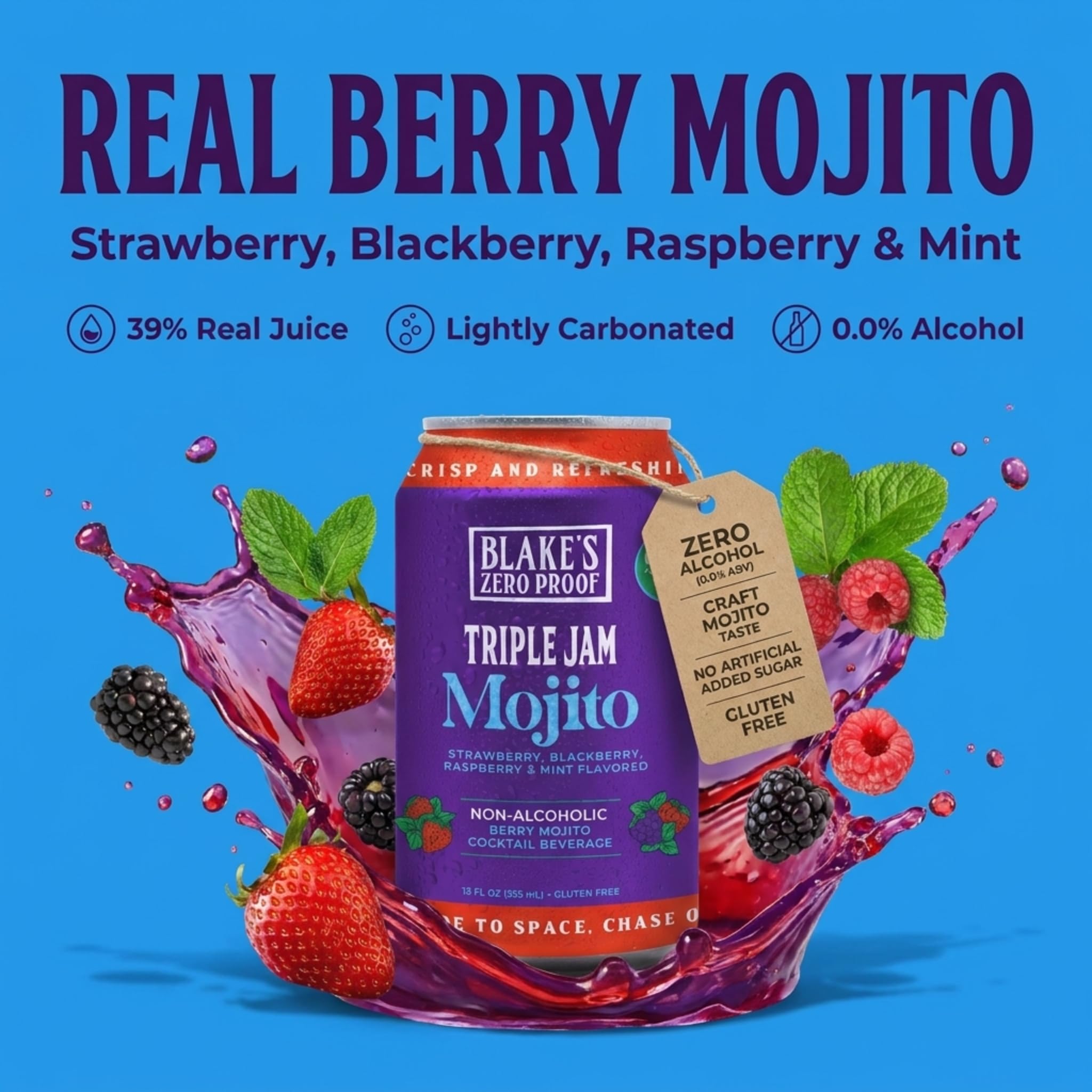 Blake’s Zero Proof Triple Jam Mojito Sparkling Mocktail - Non Alcoholic Carbonated Juice Beverage, Gluten Free, Berry Mint Inspired Flavor, Lightly
