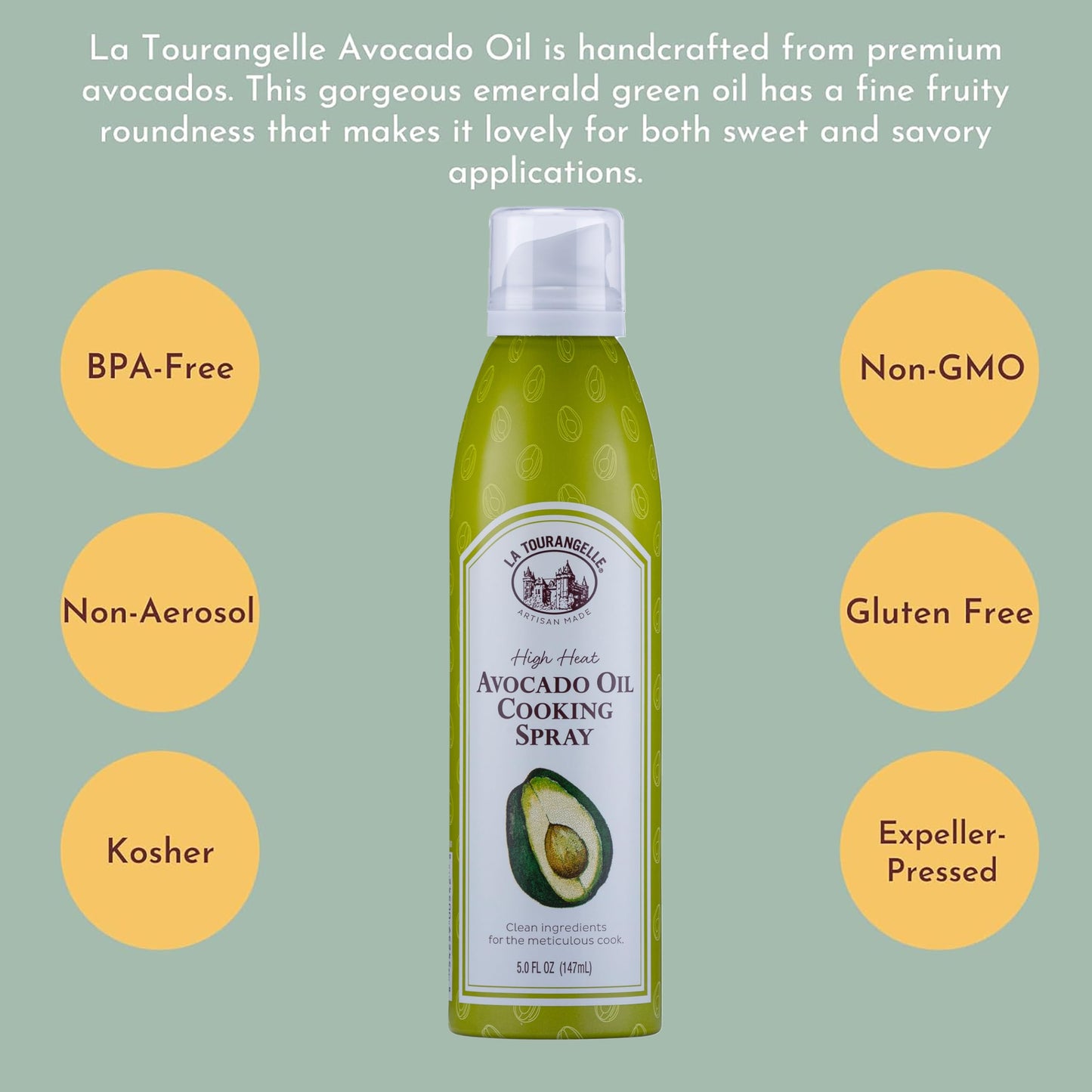 La Tourangelle, Avocado Oil Spray, Handcrafted from Premium Avocados, High Smoke Point Refined Oil Great for High Heat Cooking, Frying, Spray Cooking and Grilling, 5 Fl Oz