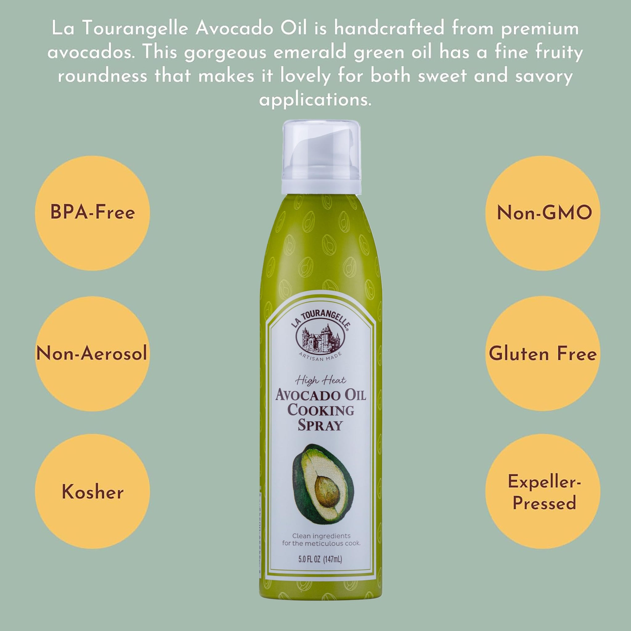 La Tourangelle, Avocado Oil Spray, Handcrafted from Premium Avocados, High Smoke Point Refined Oil Great for High Heat Cooking, Frying, Spray Cooking and Grilling, 5 Fl Oz