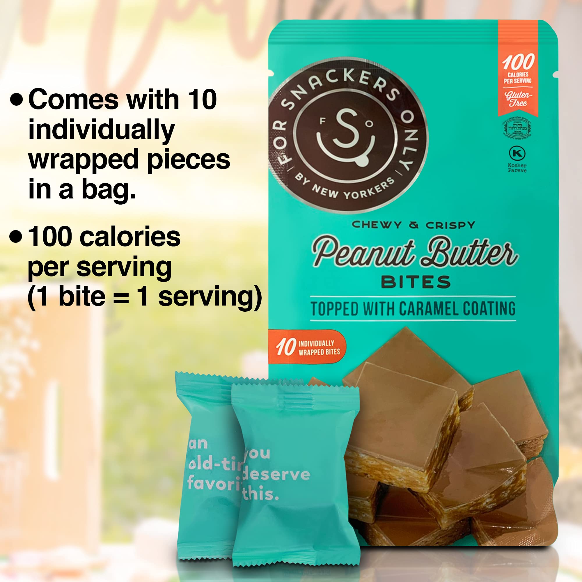 Peanut Butter Bites Topped with Caramel Coating - Gluten Free & Vegan Friendly - Non Dairy Kosher Pareve - 100 Calorie Snack - 8 Individually Wrapped