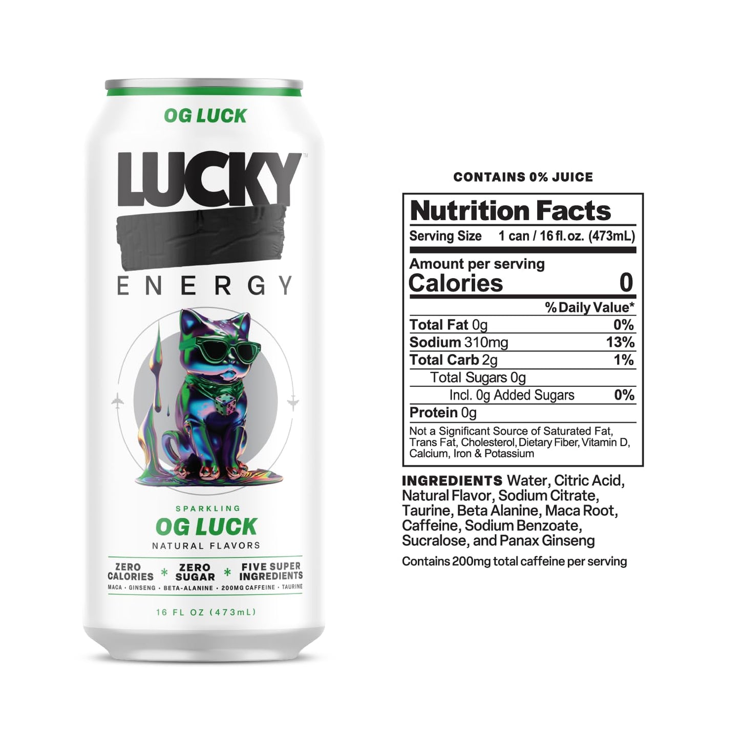 Lucky Energy Sugar Free Energy Drinks, OG Luck, 16oz Cans (12-Pack) Healthy, Zero Sugar Energy Drink with Maca, Ginseng, Beta-Alanine, Taurine & 200mg