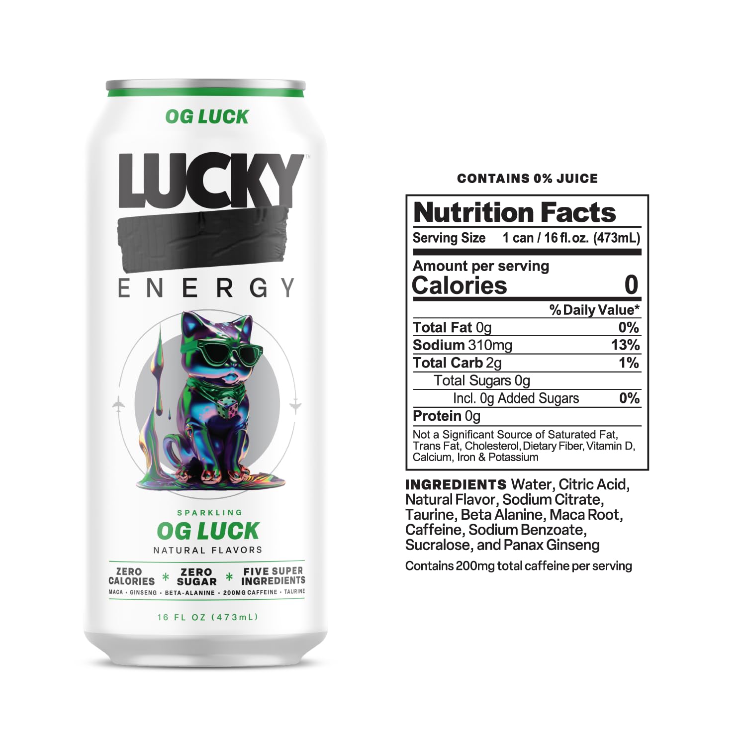 Lucky Energy Sugar Free Energy Drinks, OG Luck, 16oz Cans (12-Pack) Healthy, Zero Sugar Energy Drink with Maca, Ginseng, Beta-Alanine, Taurine & 200mg