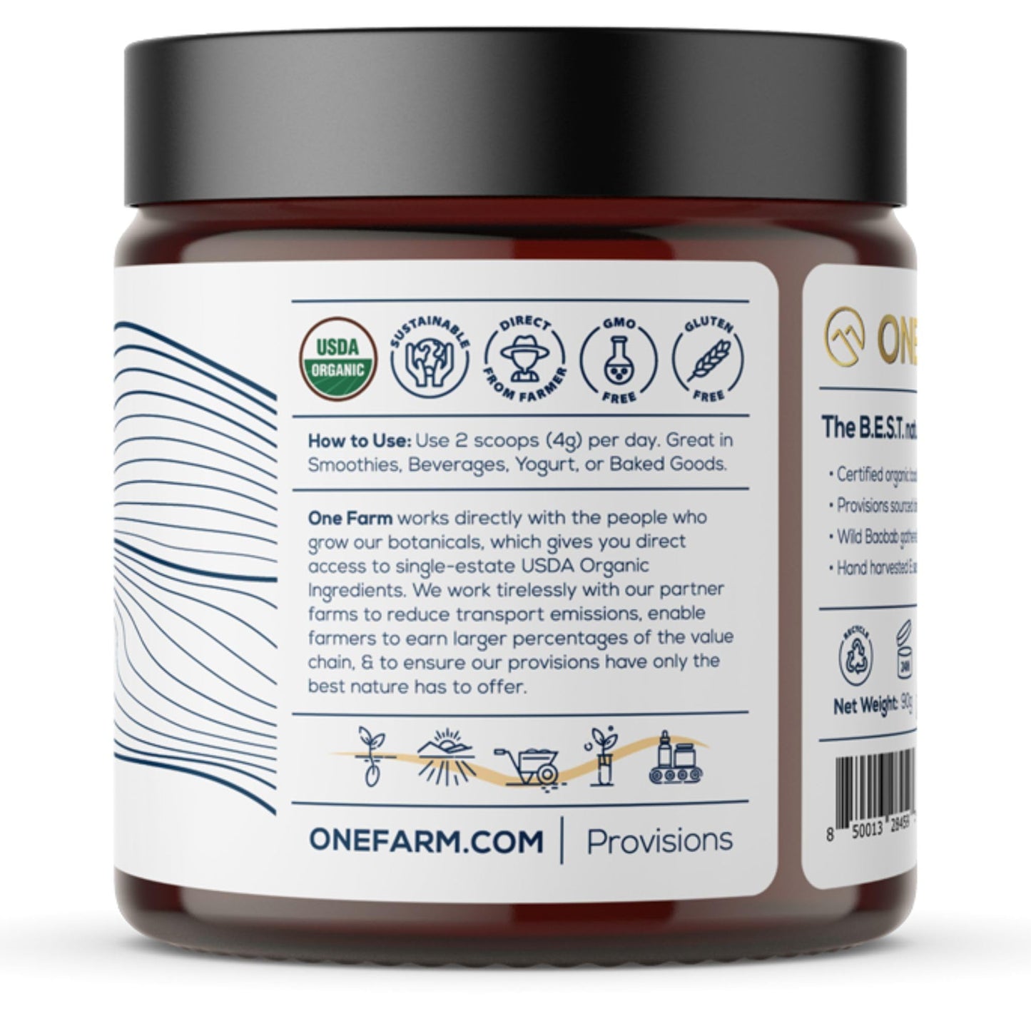 One Farm by WAAYB Organic Baobab Powder Non-GMO, Fair-Trade, Vegan, Gluten Free, Single Origin, 100% South African Baobab, Premium Quality in
