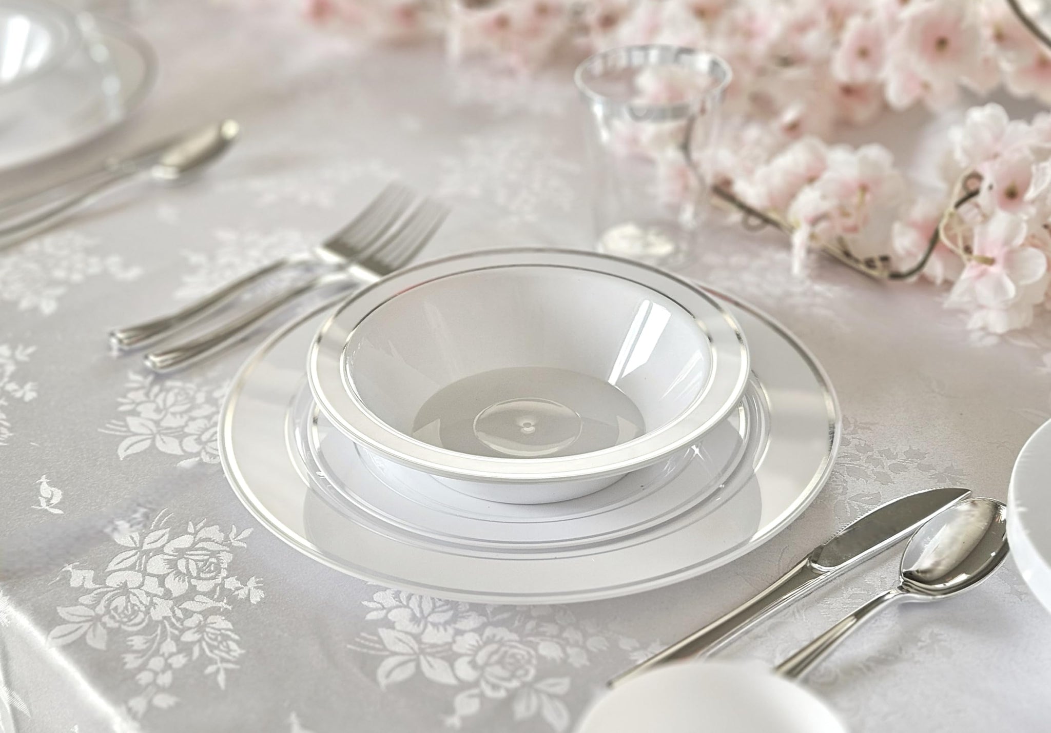 " OCCASIONS " 60 Pieces Plates Pack, Heavyweight Disposable Wedding Party Plastic Bowls (14oz Soup Bowl, White & Silver Rim)