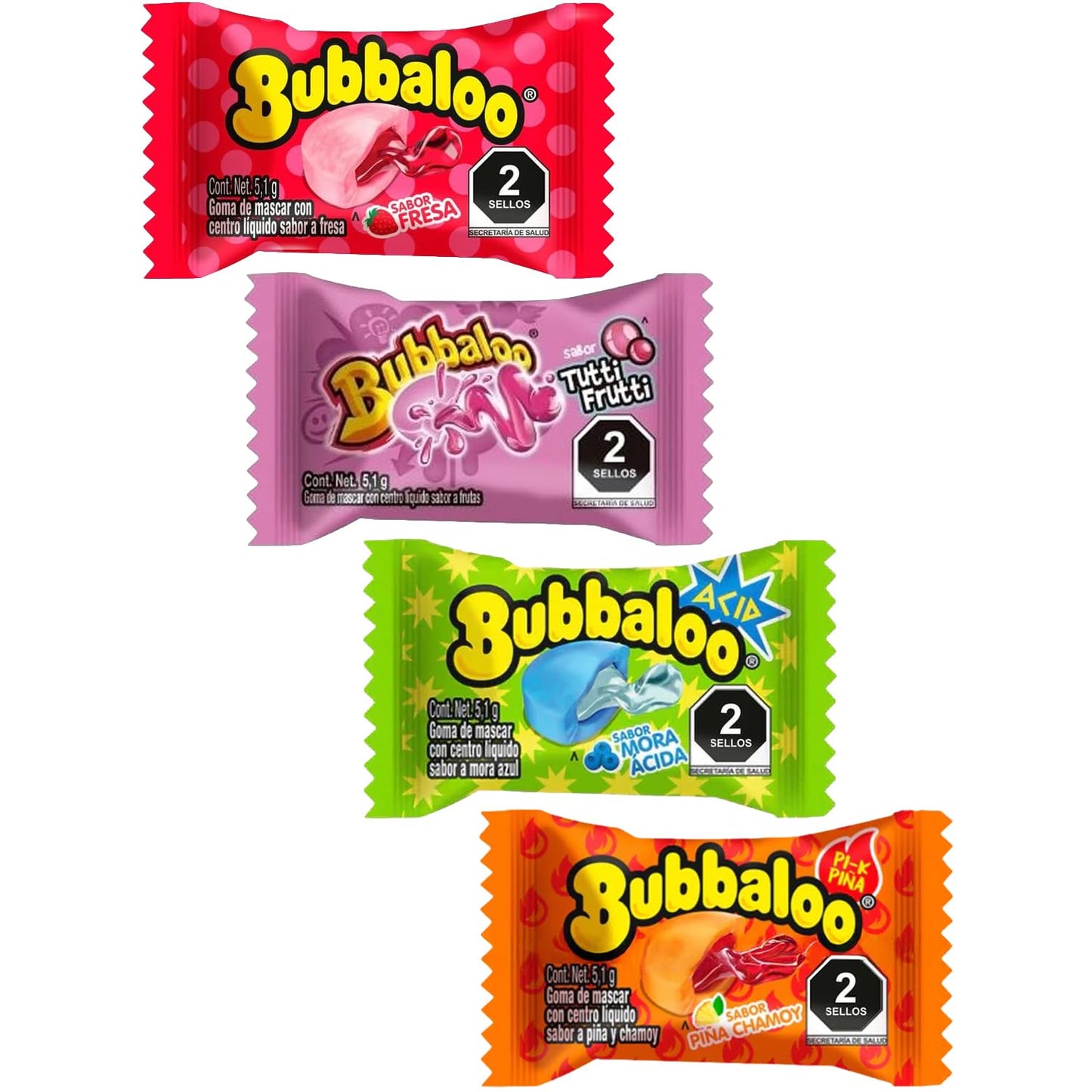 Bubbaloo Bubble Gum Mexican Chewing Gum Assortment | 200 Count Variety Bulk Pack | Strawberry, Sour Blueberry, Tutti Frutti & Pinapple Chamoy Juicy