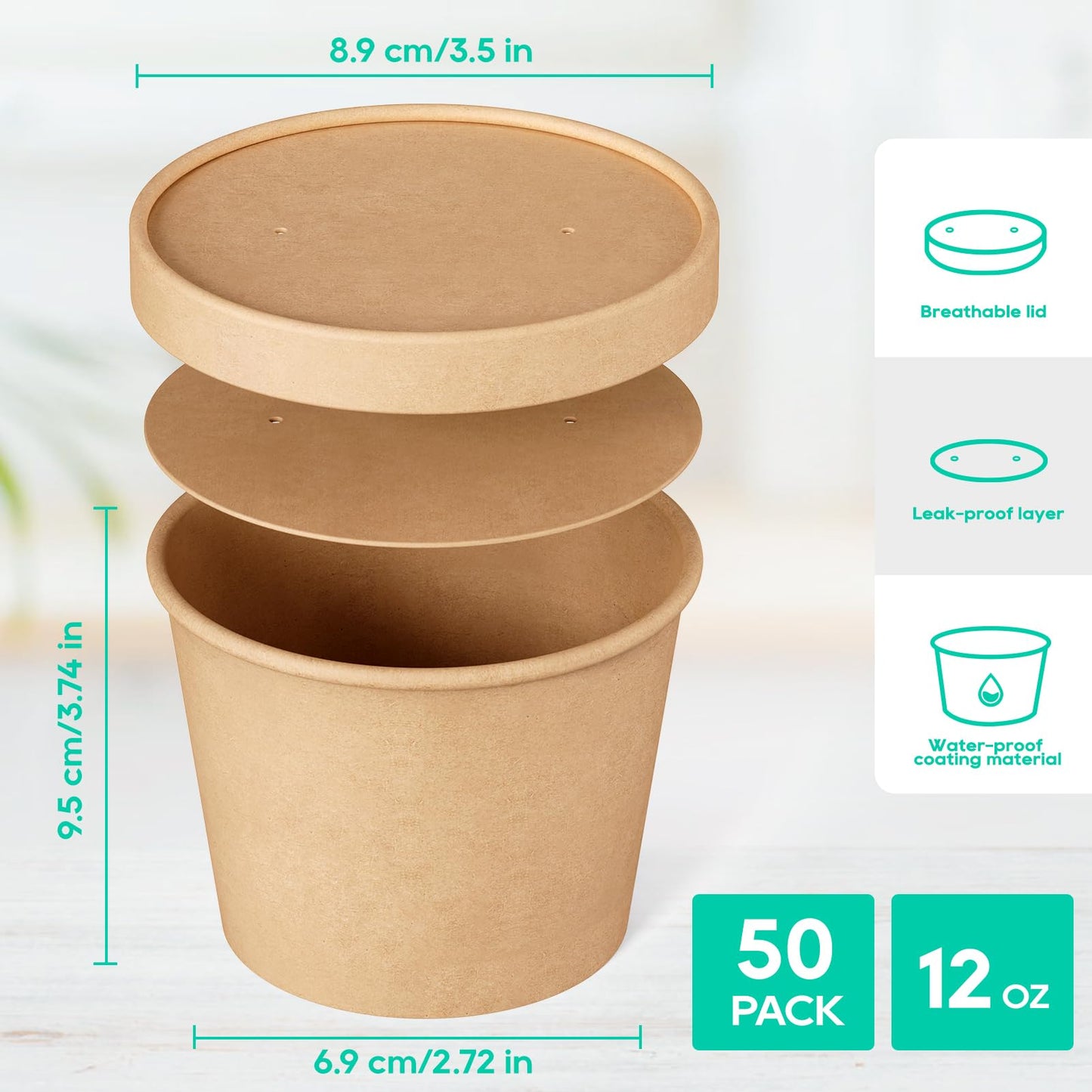 JOLLY PARTY 50pack 12oz Paper Soup Containers with Lids, Disposable Paper Food Cups, Ice Cream Cups, Food Storage with Lids, Microwavable and freezer