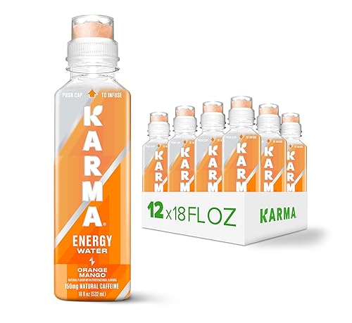 Karma Energy Drink - 12 Pack, Orange Mango Caffeinated Water with Cognizin® Nootropics, Vitamins & Immune Support, Low Calorie
